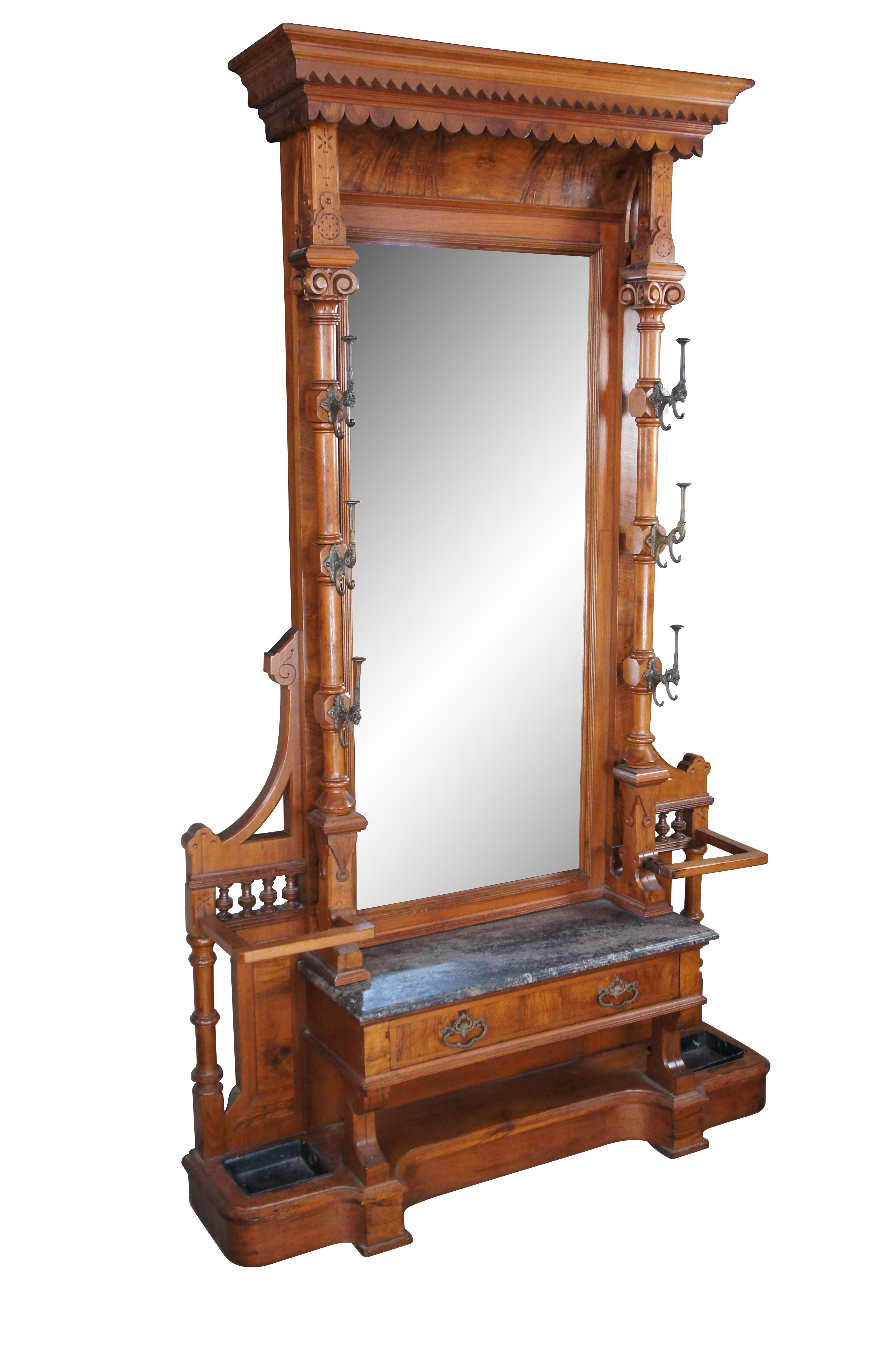 Monumental Victorian Renaissance Revival Walnut Granite Hall Tree Umbrella Stand In Good Condition For Sale In Dayton, OH