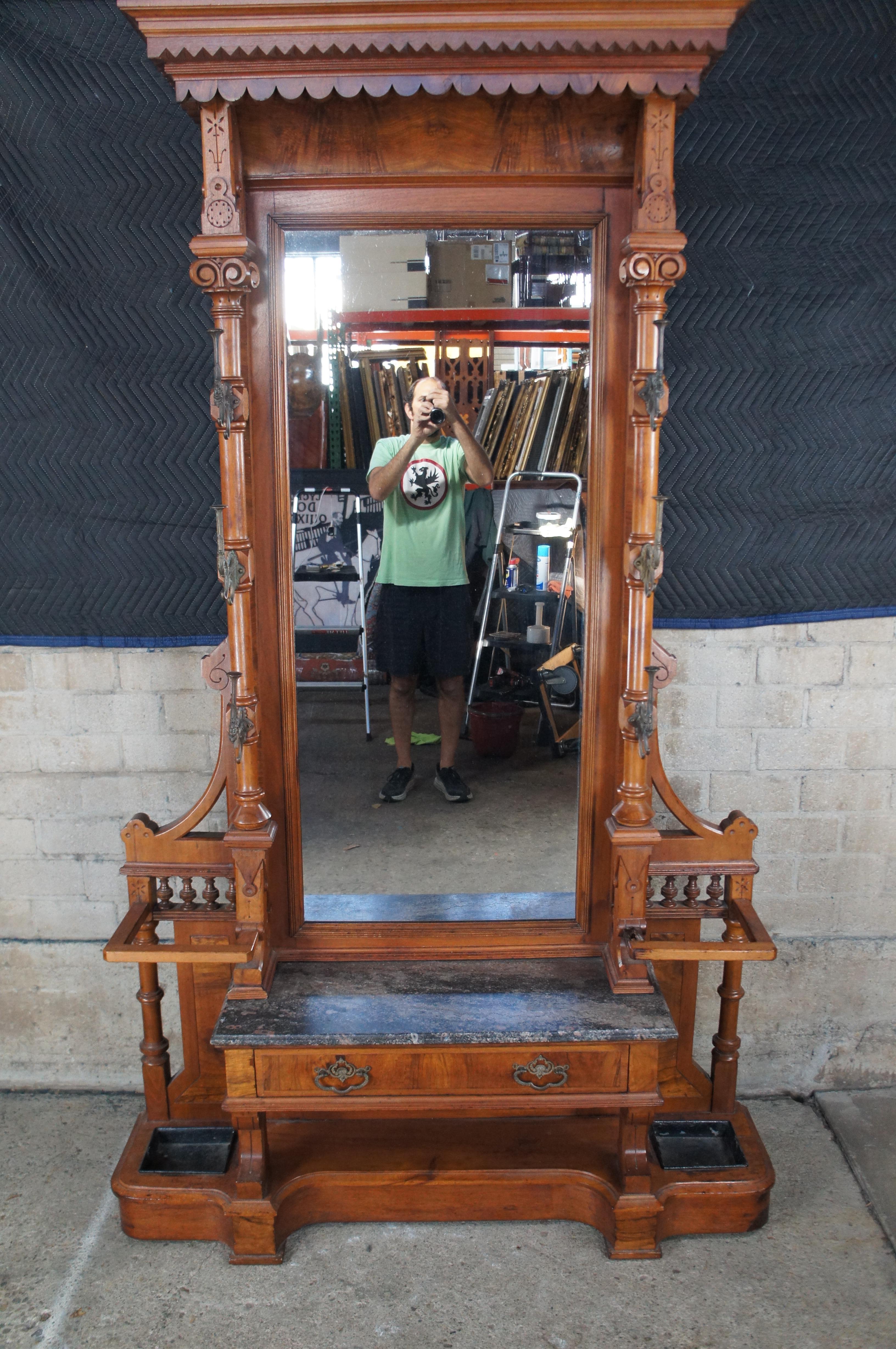 Late 19th Century Monumental Victorian Renaissance Revival Walnut Granite Hall Tree Umbrella Stand For Sale