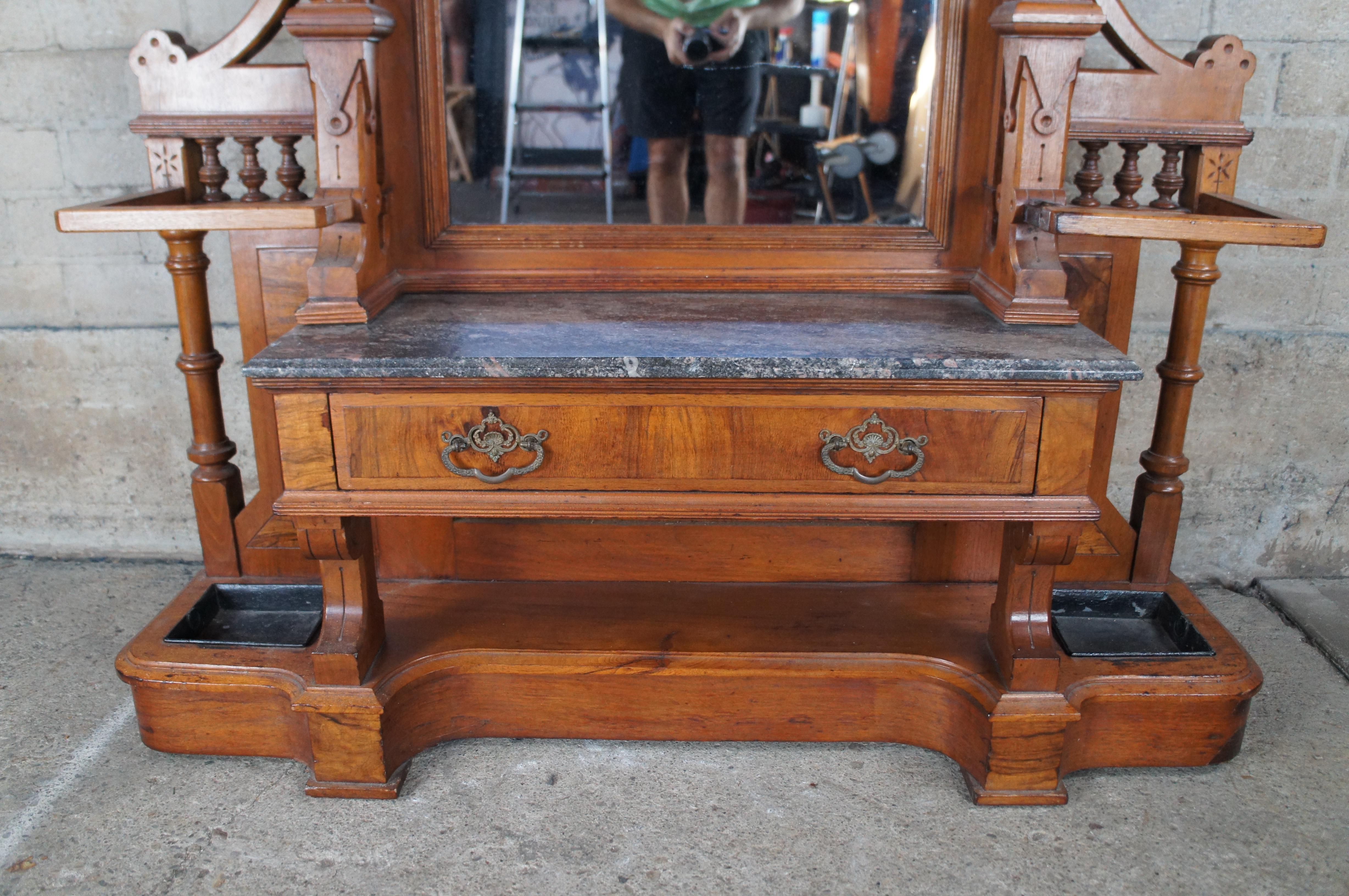 Mirror Monumental Victorian Renaissance Revival Walnut Granite Hall Tree Umbrella Stand For Sale