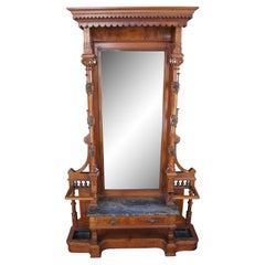 Monumental Victorian Renaissance Revival Walnut Granite Hall Tree Umbrella Stand