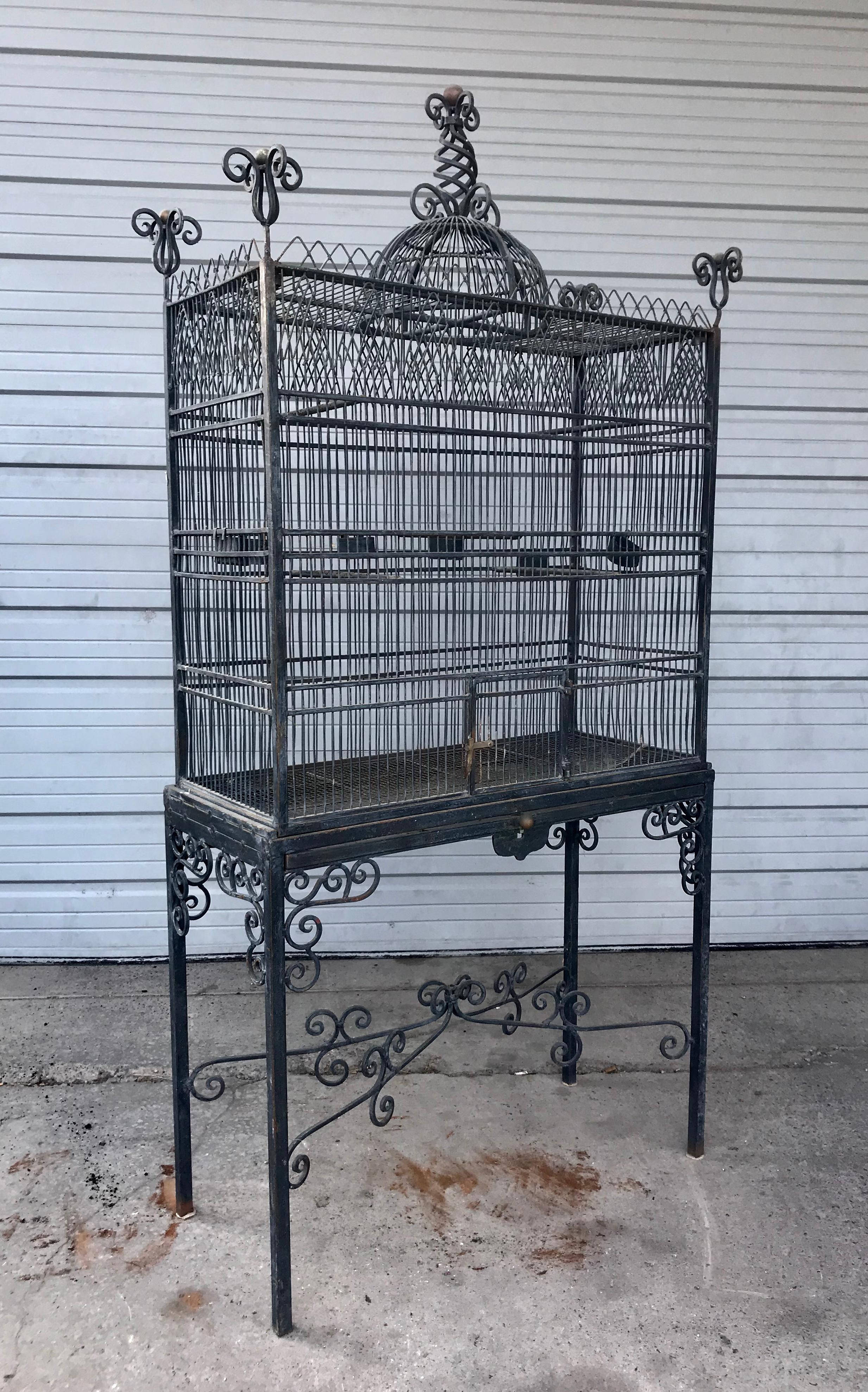 Monumental Victorian Style Antique Brass, Painted Bird Iron Bird Cage 1