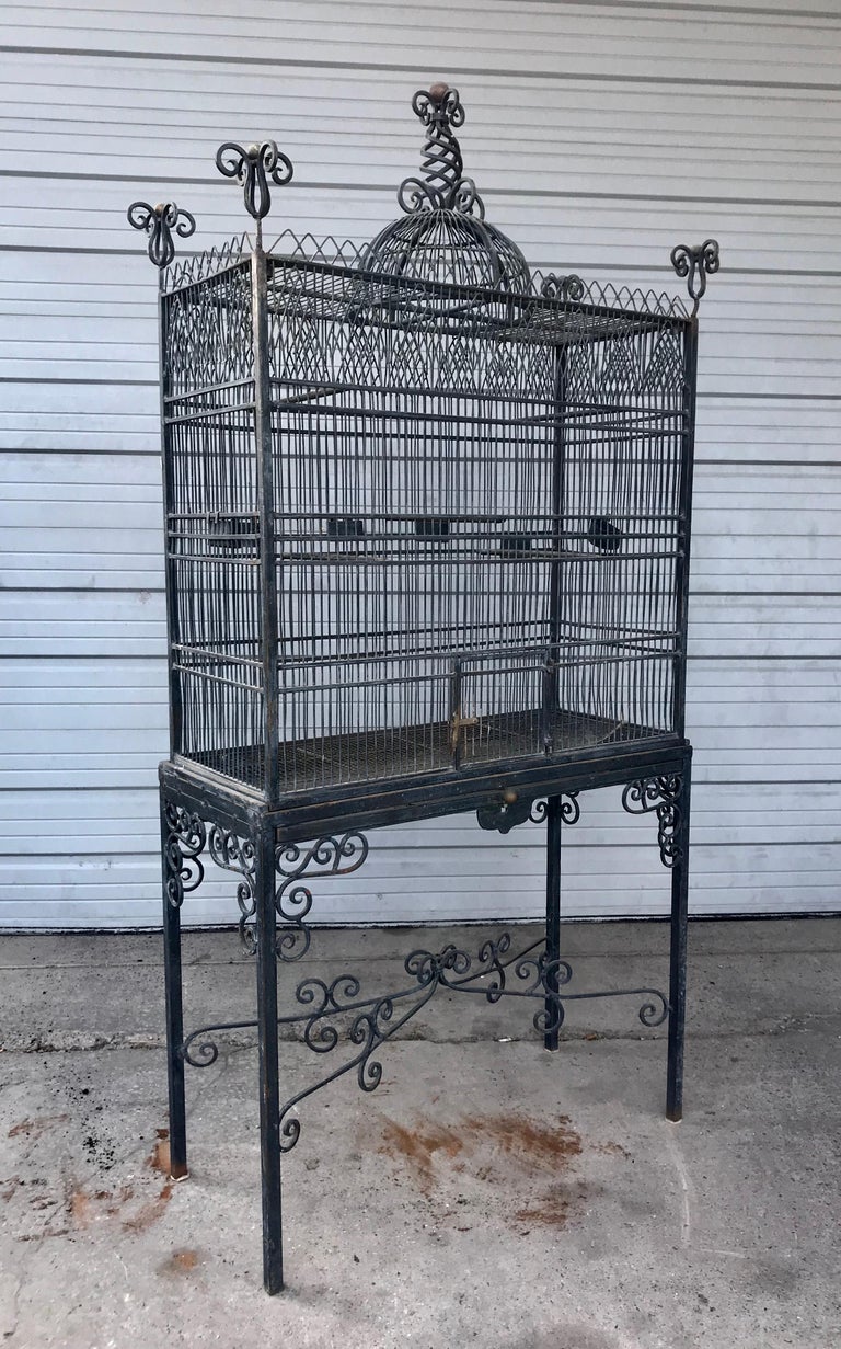 Monumental Victorian Style Antique Brass, Painted Bird Iron Bird Cage