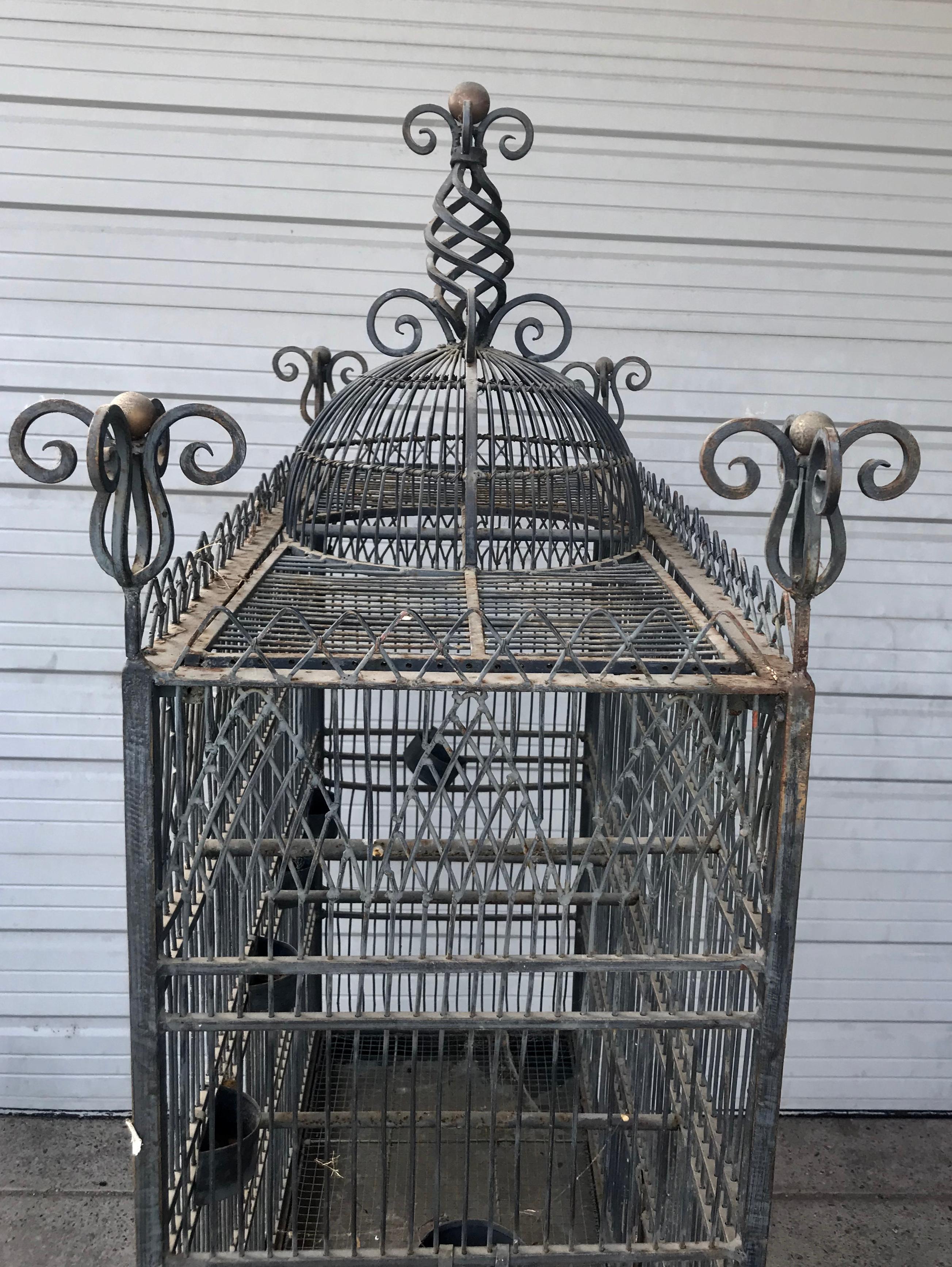 Monumental Victorian Style Antique Brass, Painted Bird Iron Bird Cage 2