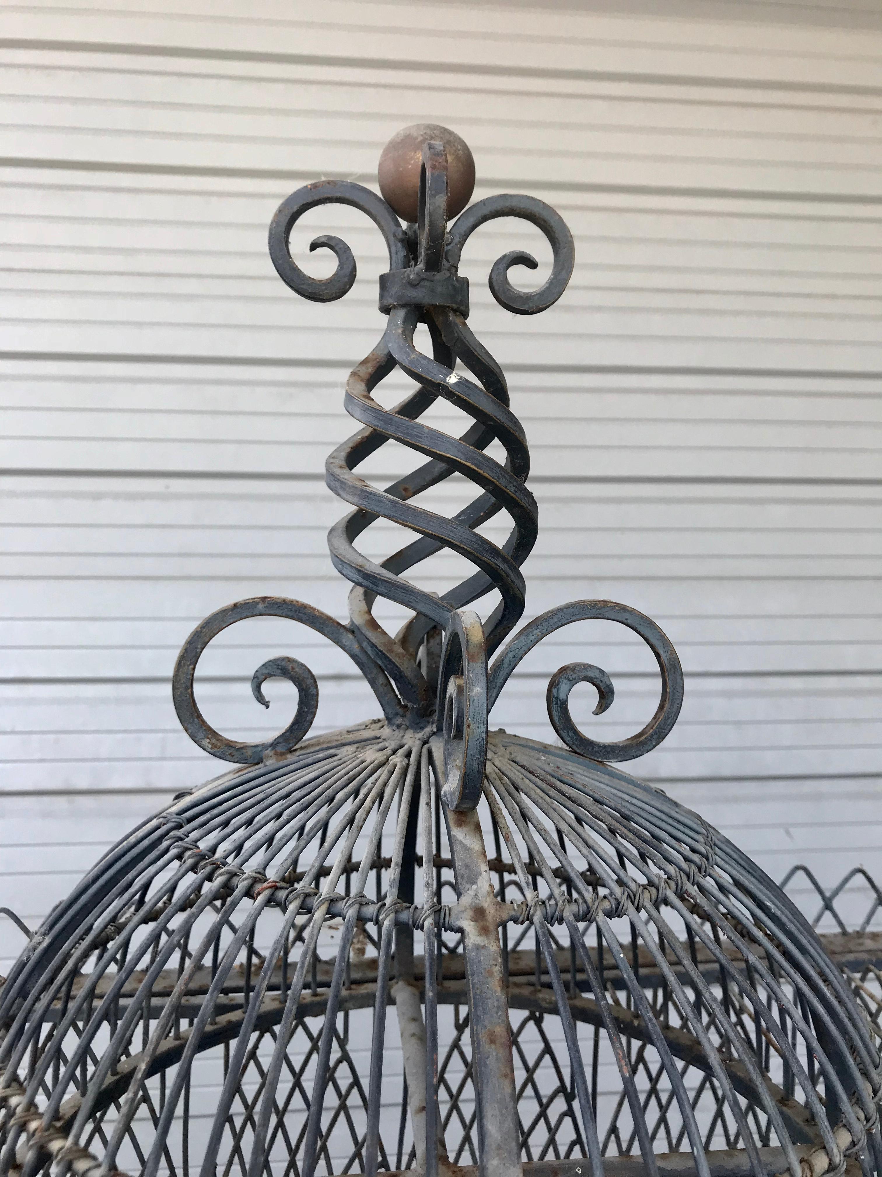 High Victorian Monumental Victorian Style Antique Brass, Painted Bird Iron Bird Cage