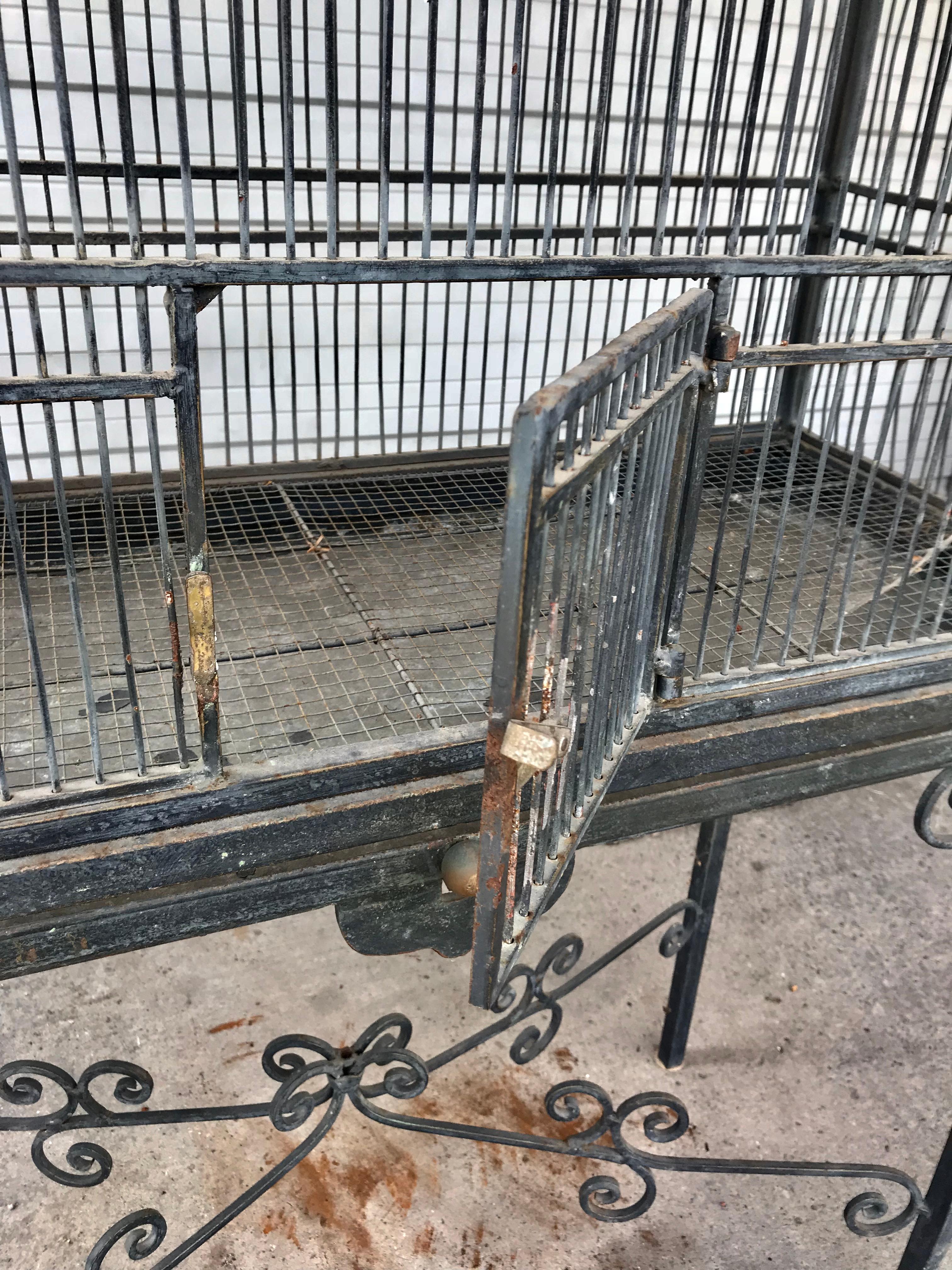 Monumental Victorian Style Antique Brass, Painted Bird Iron Bird Cage In Distressed Condition In Buffalo, NY