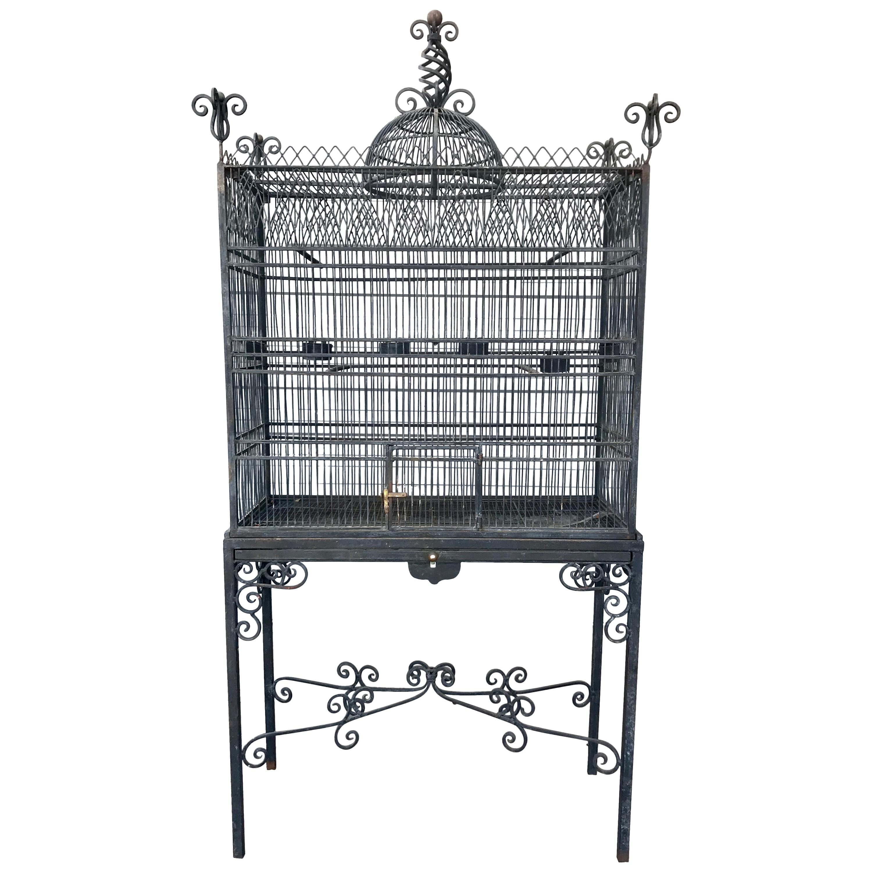 Monumental Victorian Style Antique Brass, Painted Bird Iron Bird Cage