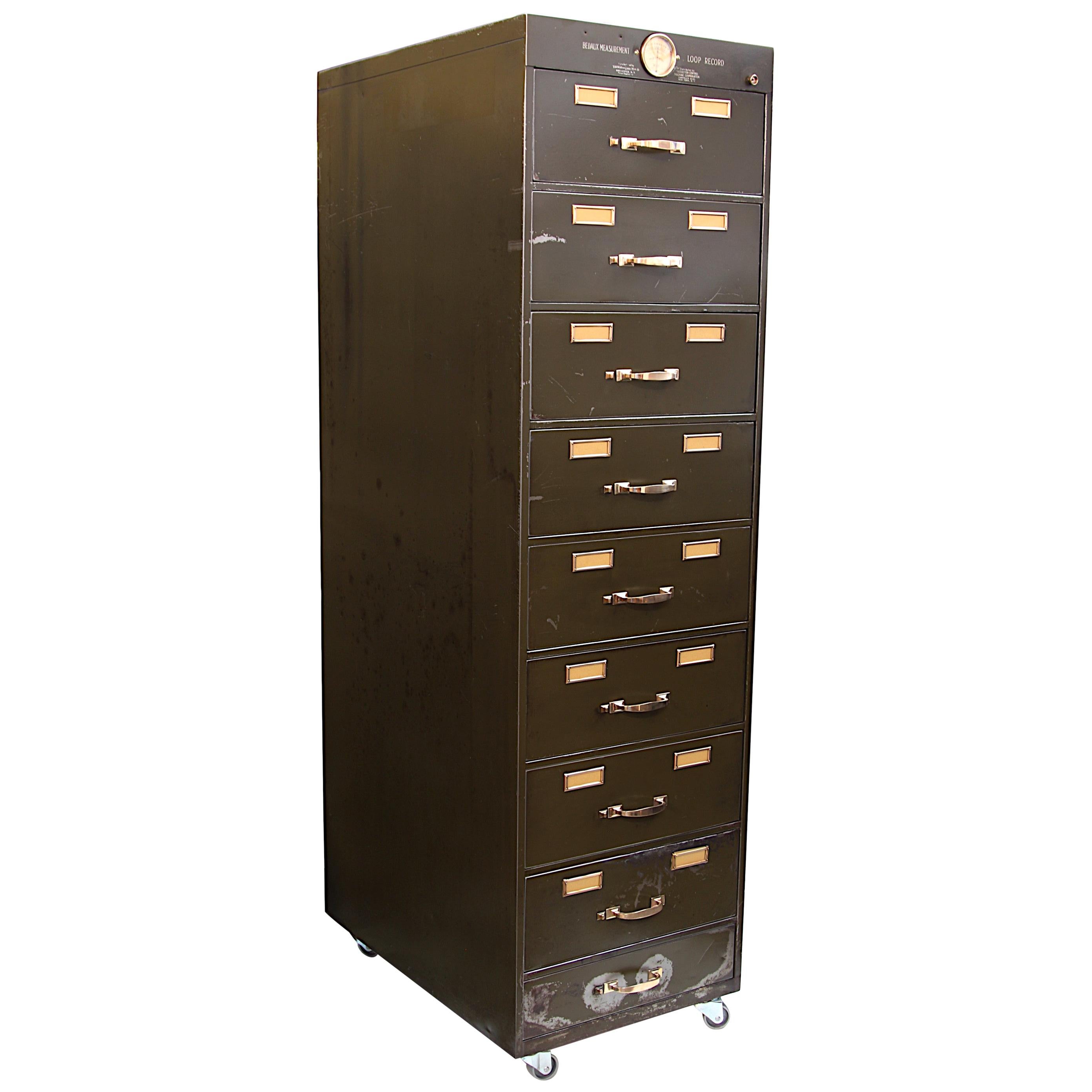 Monumental Vintage 1930s Steel & Brass Industrial Metal 9-Drawer File Cabinet