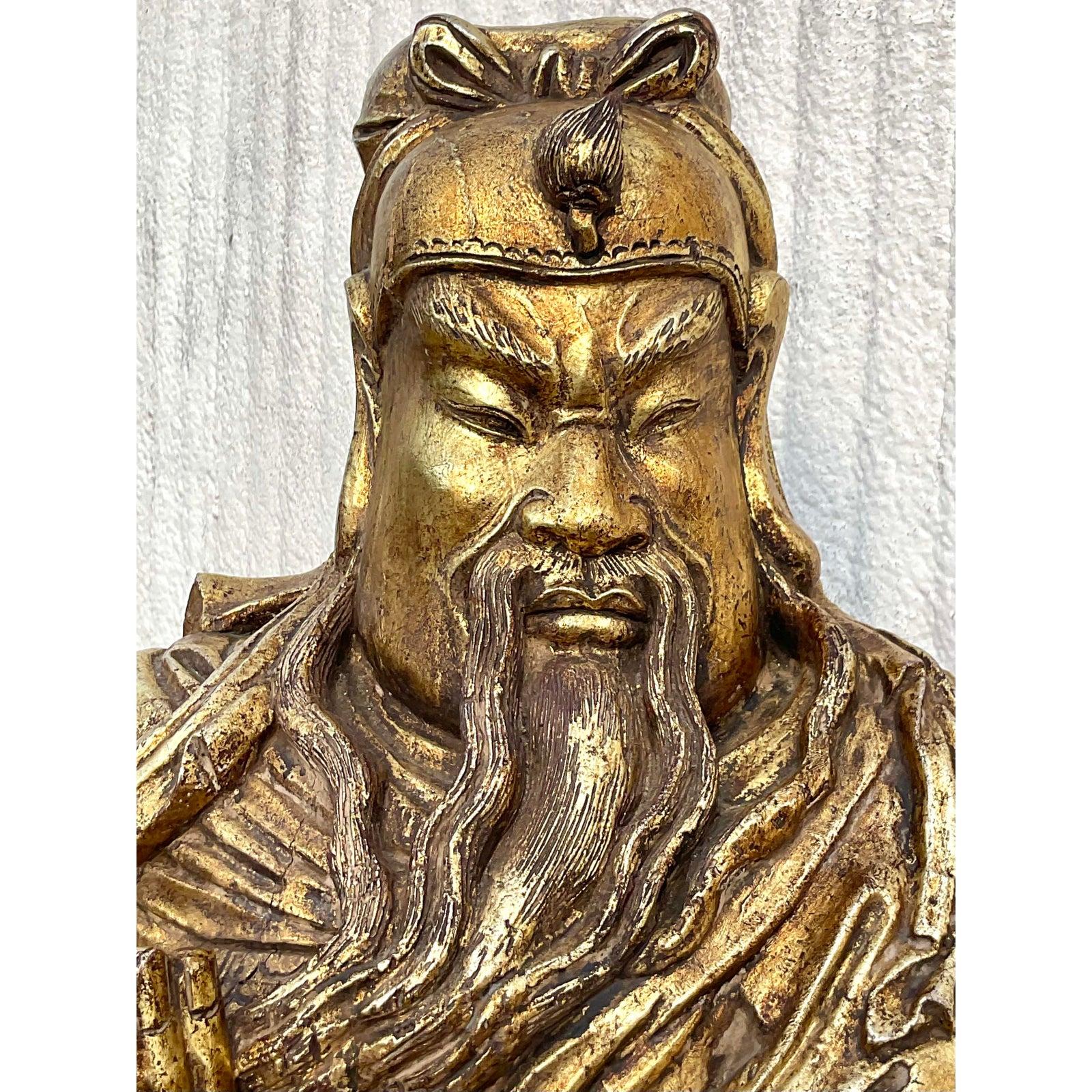 Monumental Vintage Asian Hand Carved Golden Warrior For Sale 5