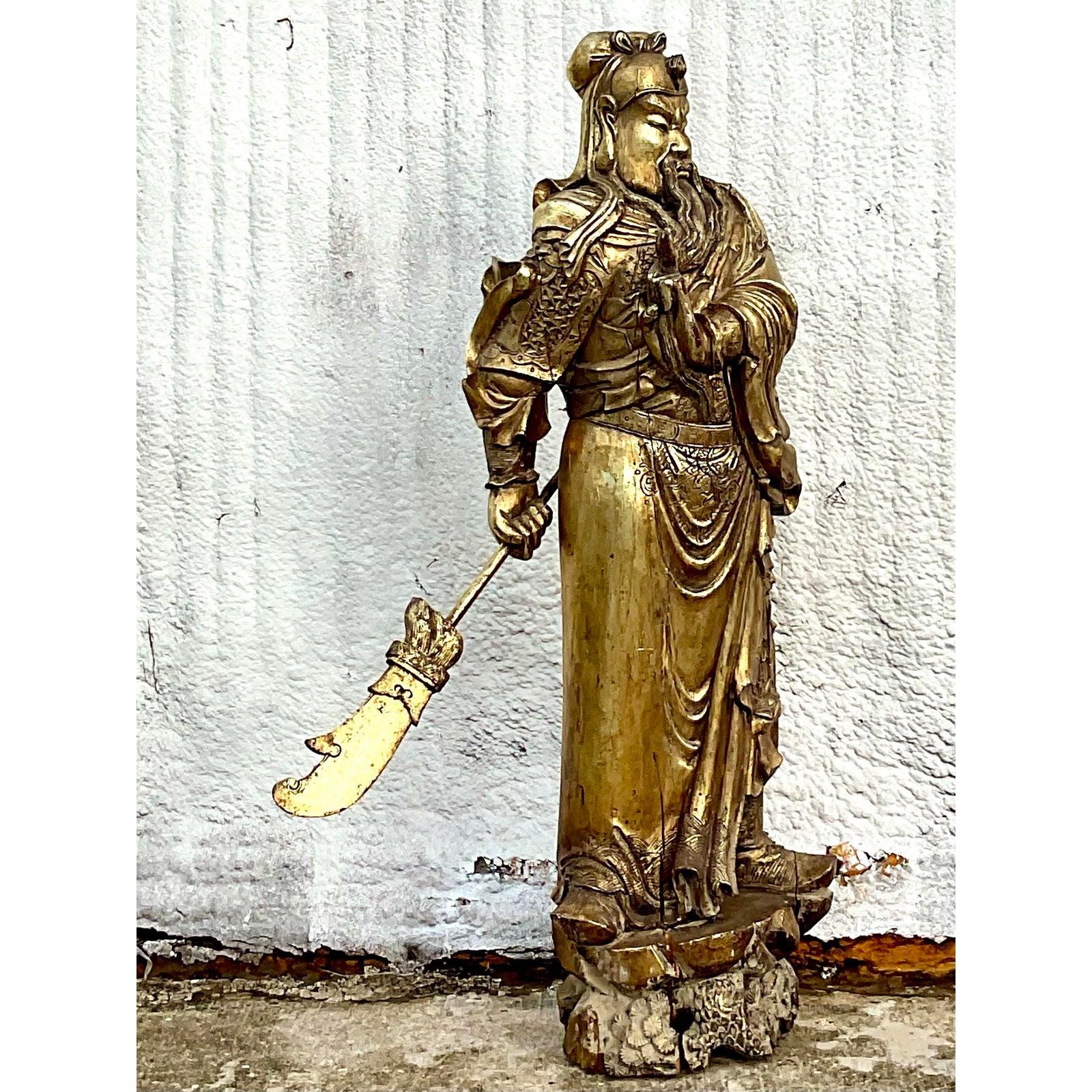 Monumental Vintage Asian Hand Carved Golden Warrior In Good Condition For Sale In west palm beach, FL