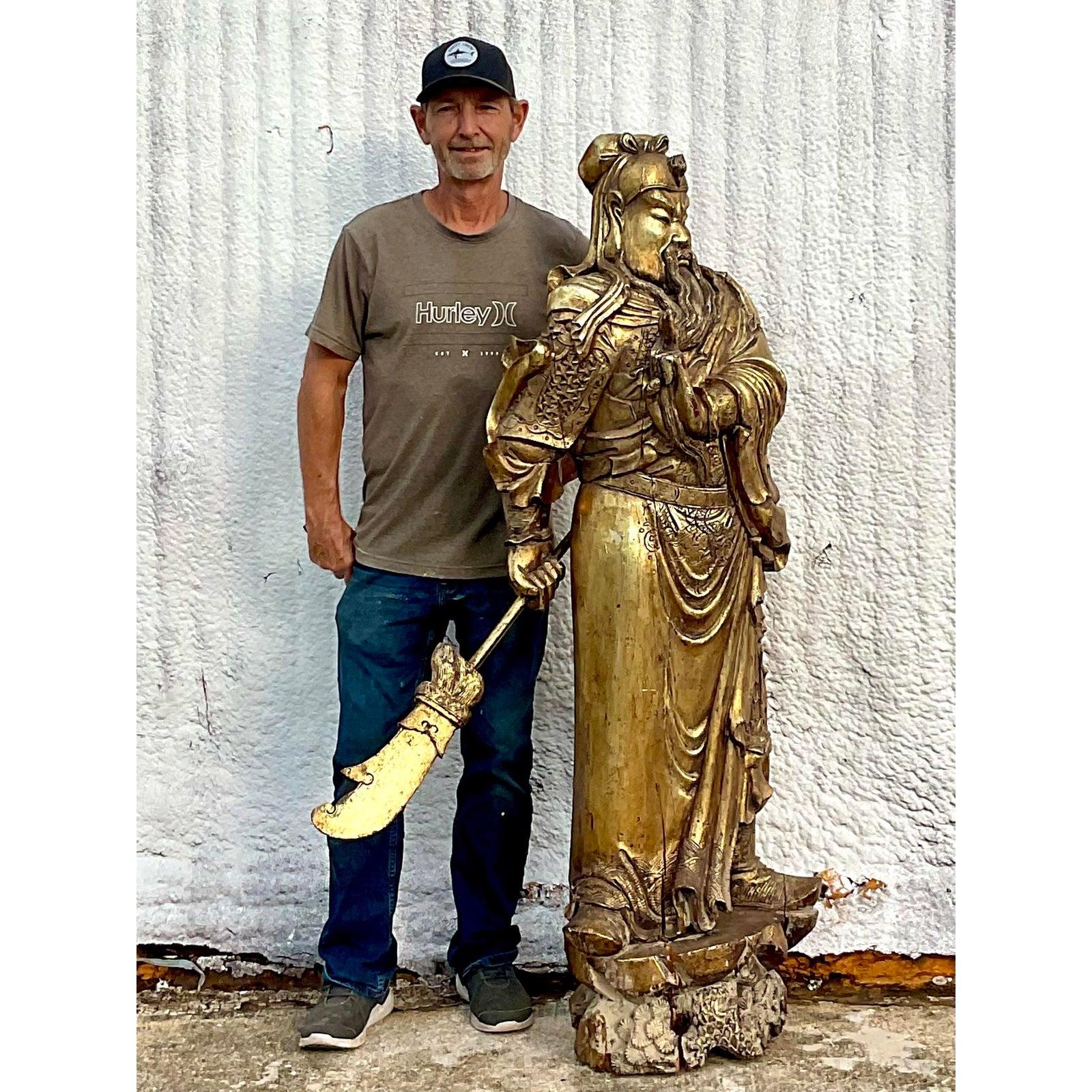 20th Century Monumental Vintage Asian Hand Carved Golden Warrior For Sale