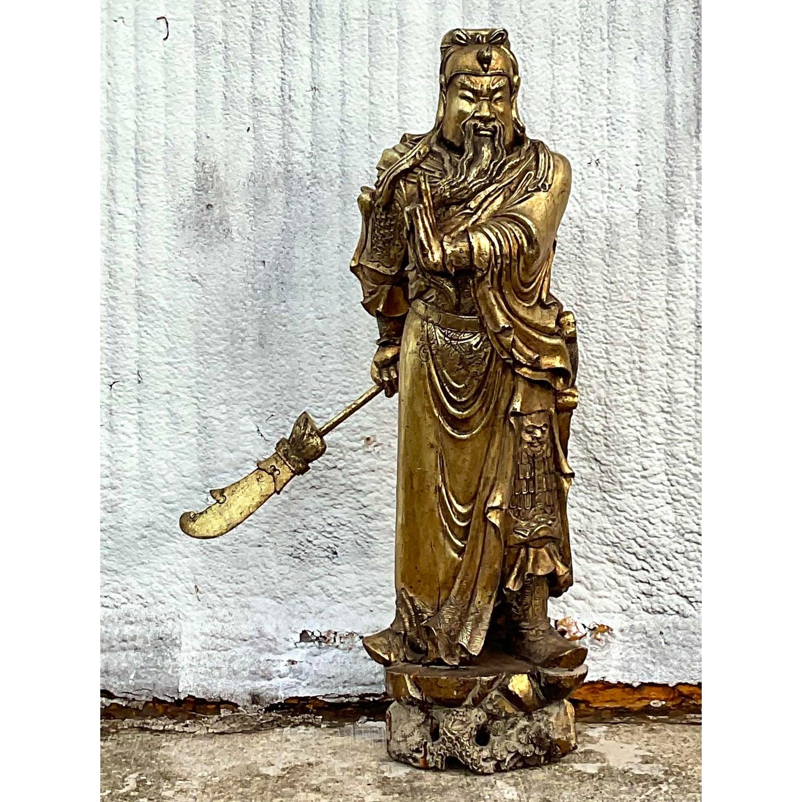 Wood Monumental Vintage Asian Hand Carved Golden Warrior For Sale