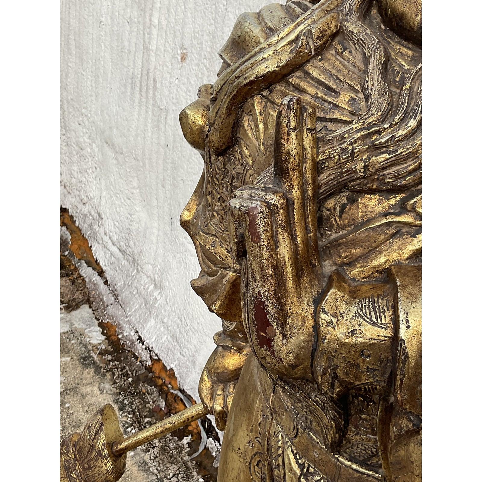 Monumental Vintage Asian Hand Carved Golden Warrior For Sale 1