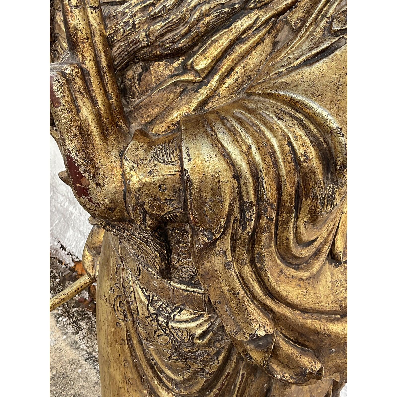 Monumental Vintage Asian Hand Carved Golden Warrior For Sale 2
