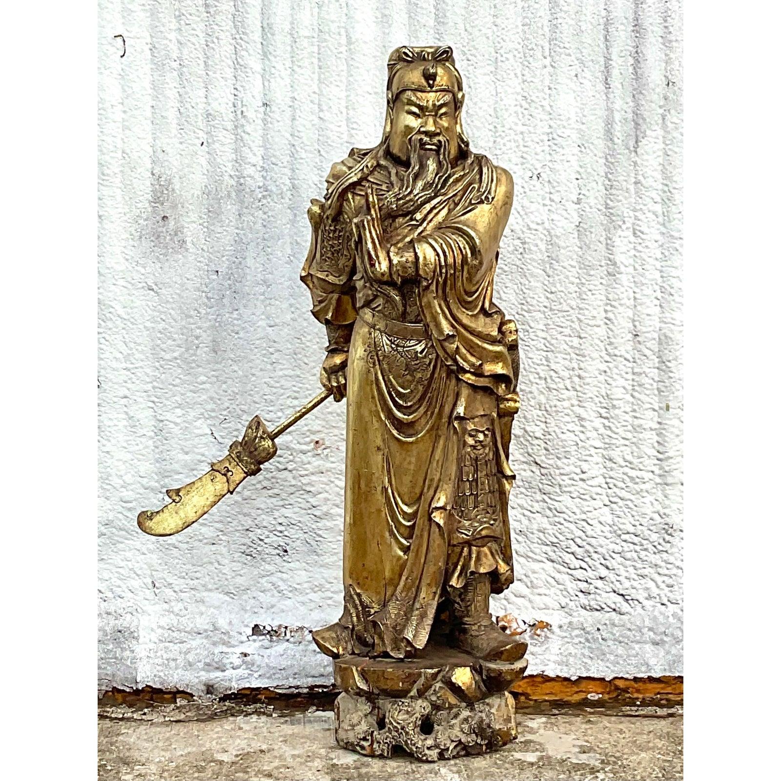Monumental Vintage Asian Hand Carved Golden Warrior For Sale 4