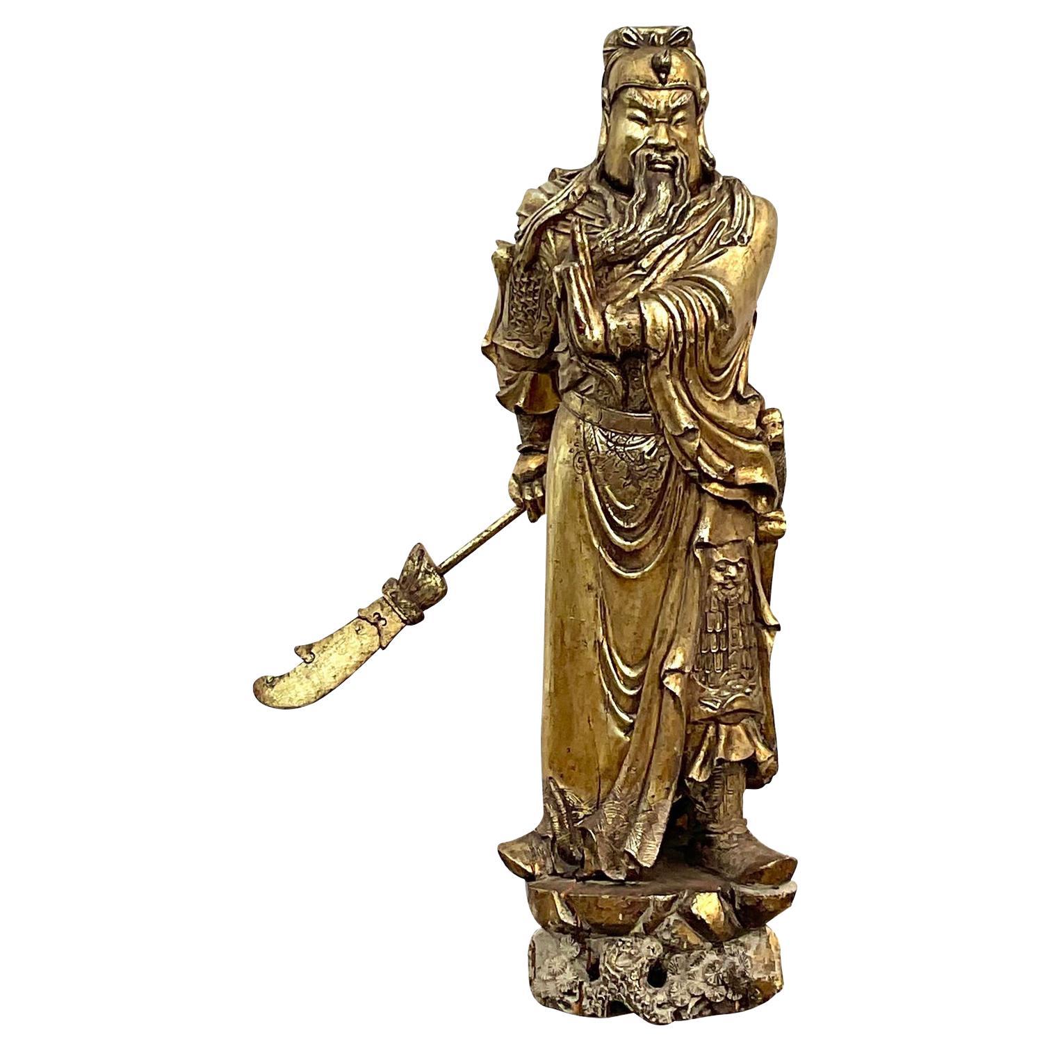 Monumental Vintage Asian Hand Carved Golden Warrior