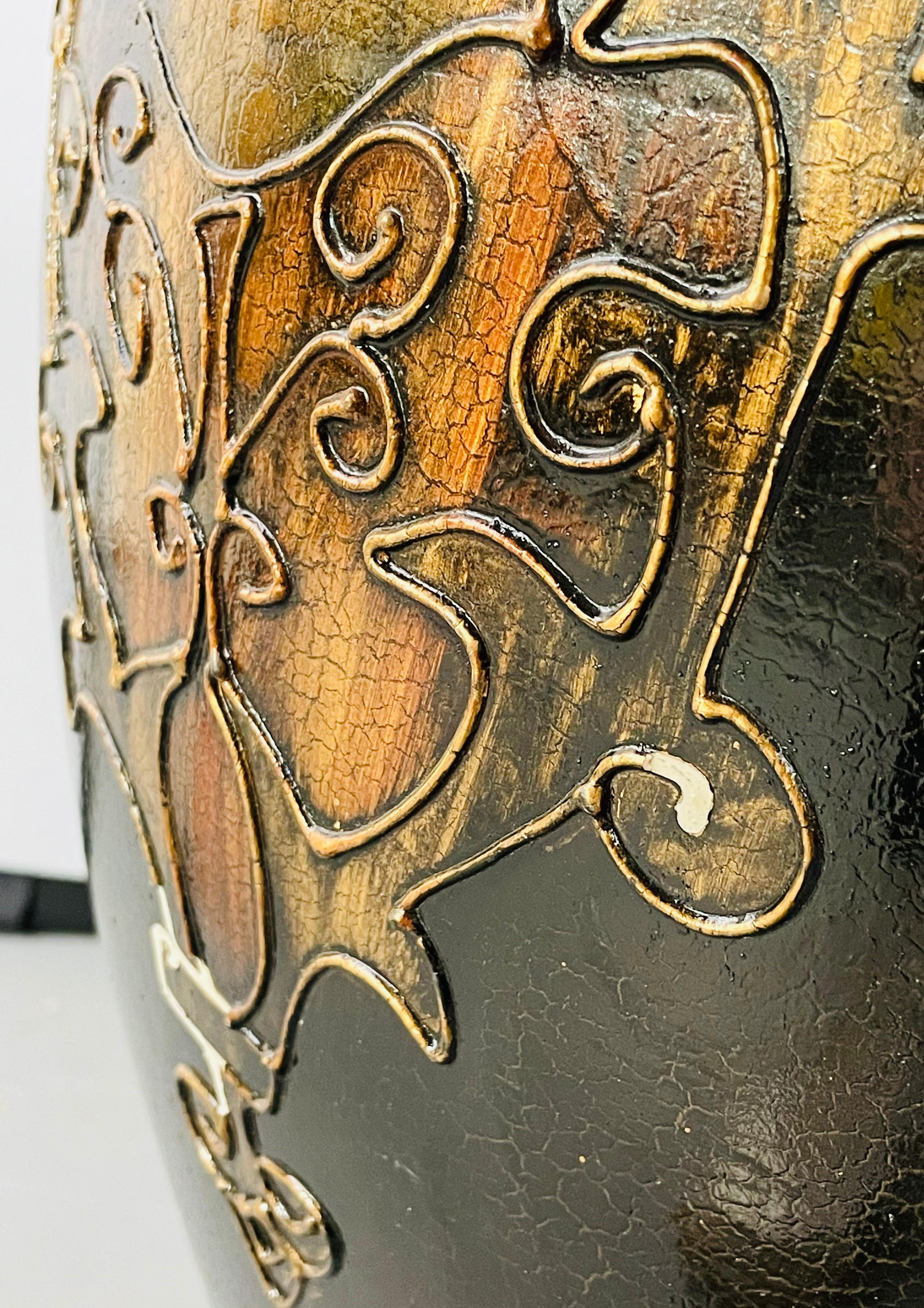 Monumental Art Nouveau Black & Gold  Enameled Vase with Floral Etching Design For Sale 4