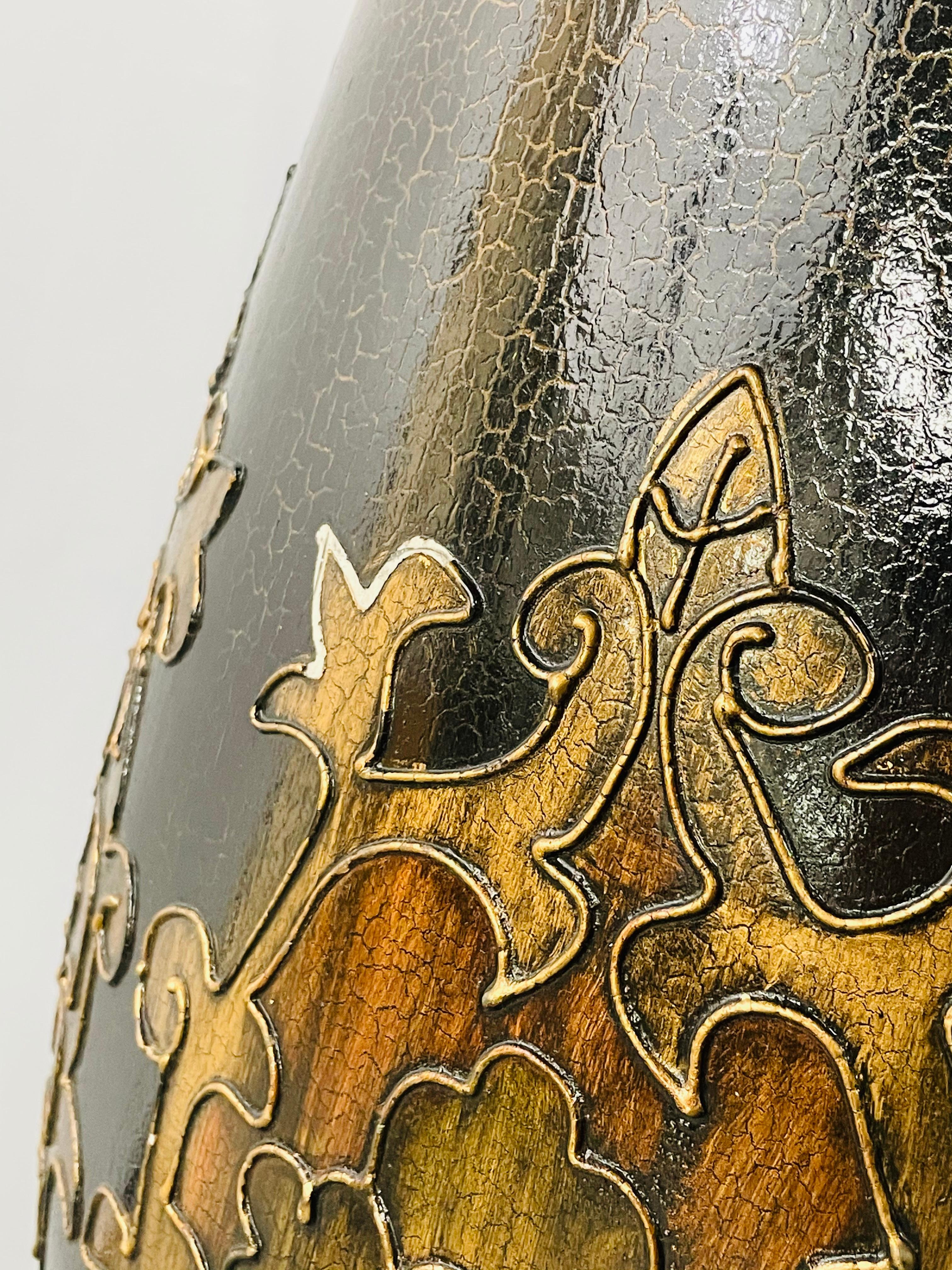 Monumental Art Nouveau Black & Gold  Enameled Vase with Floral Etching Design For Sale 5