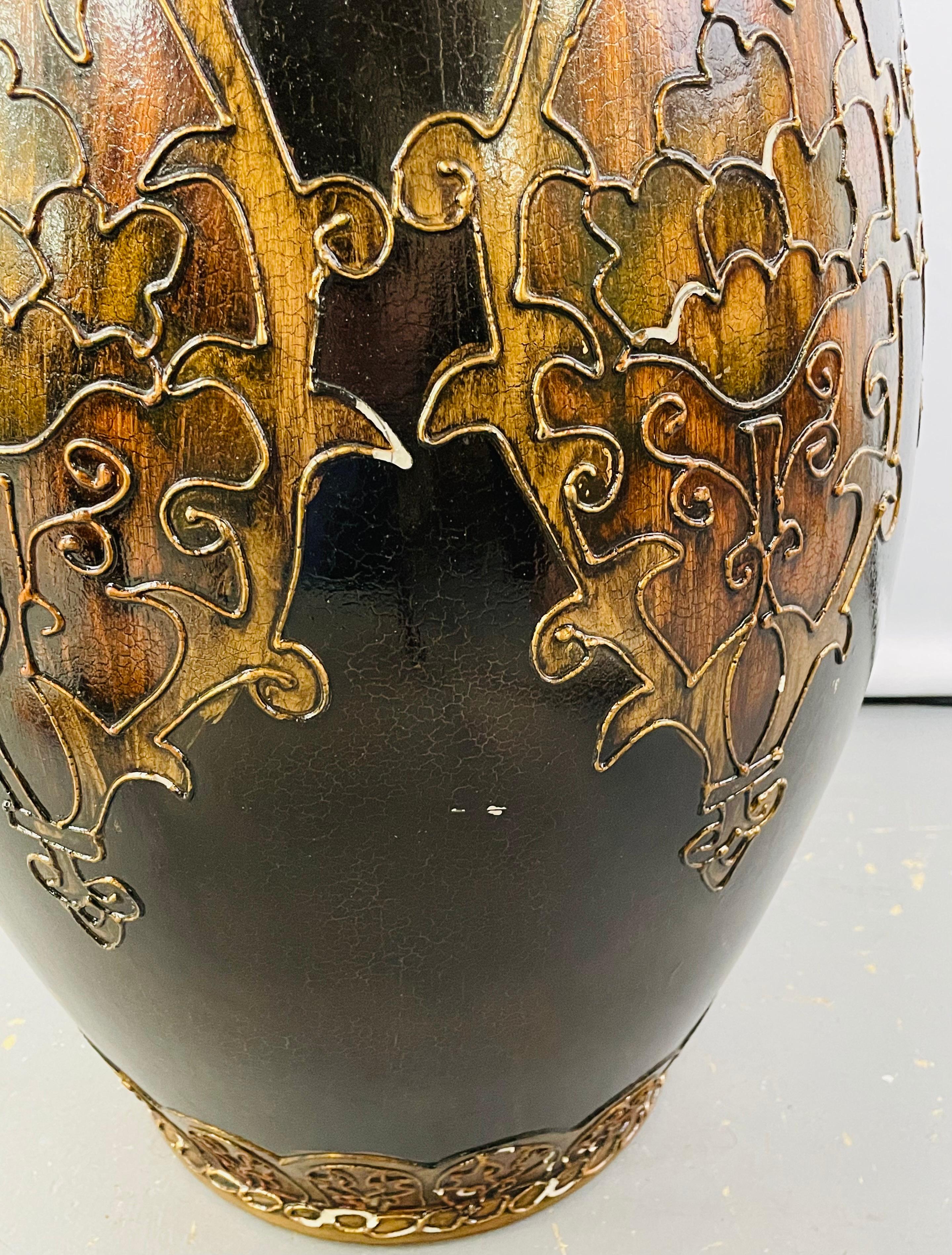Monumental Art Nouveau Black & Gold  Enameled Vase with Floral Etching Design For Sale 7