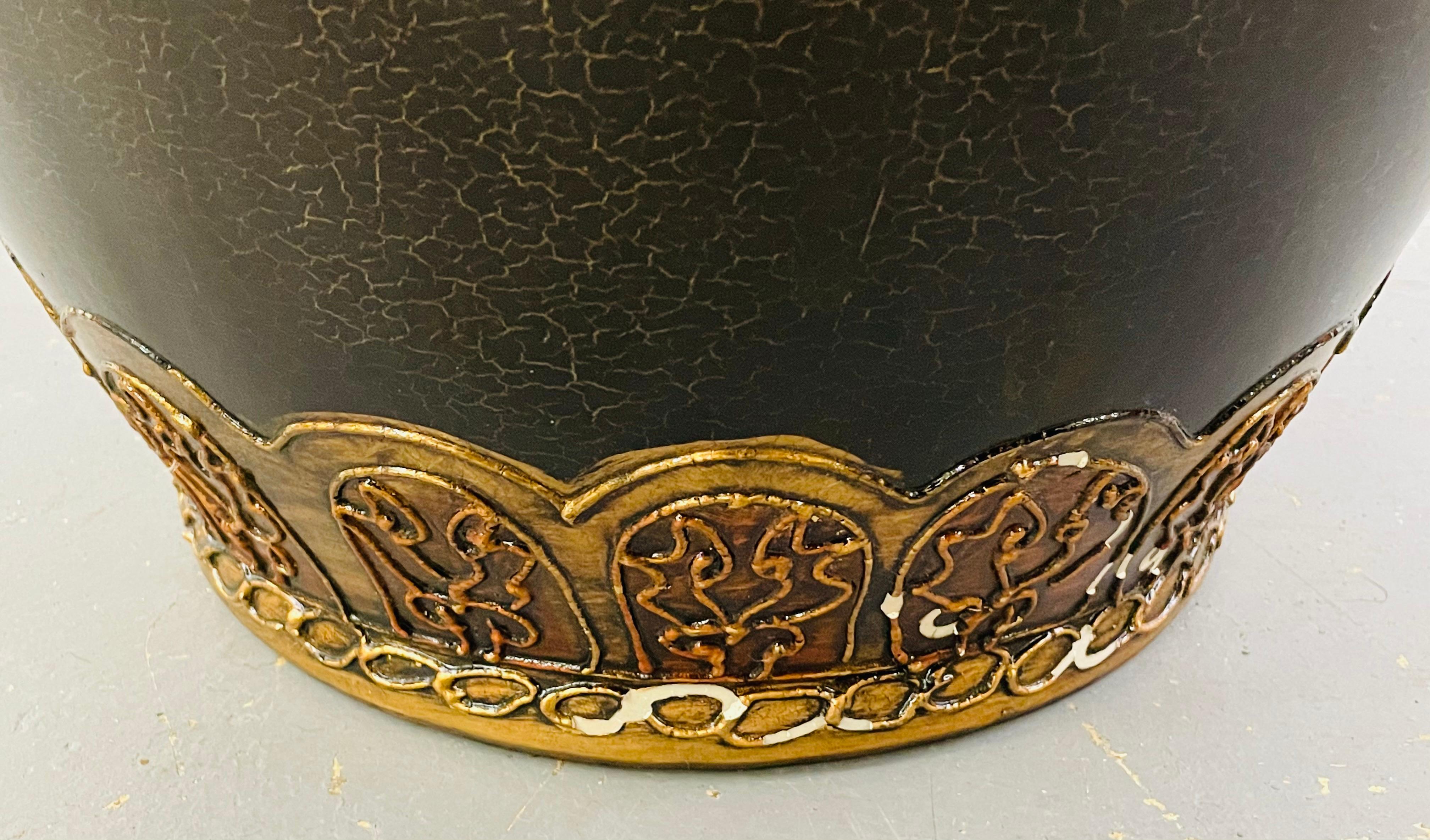 Monumental Art Nouveau Black & Gold  Enameled Vase with Floral Etching Design For Sale 8