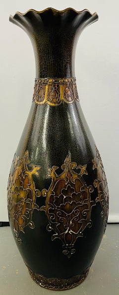 Monumental Art Nouveau Black & Gold  Enameled Vase with Floral Etching Design