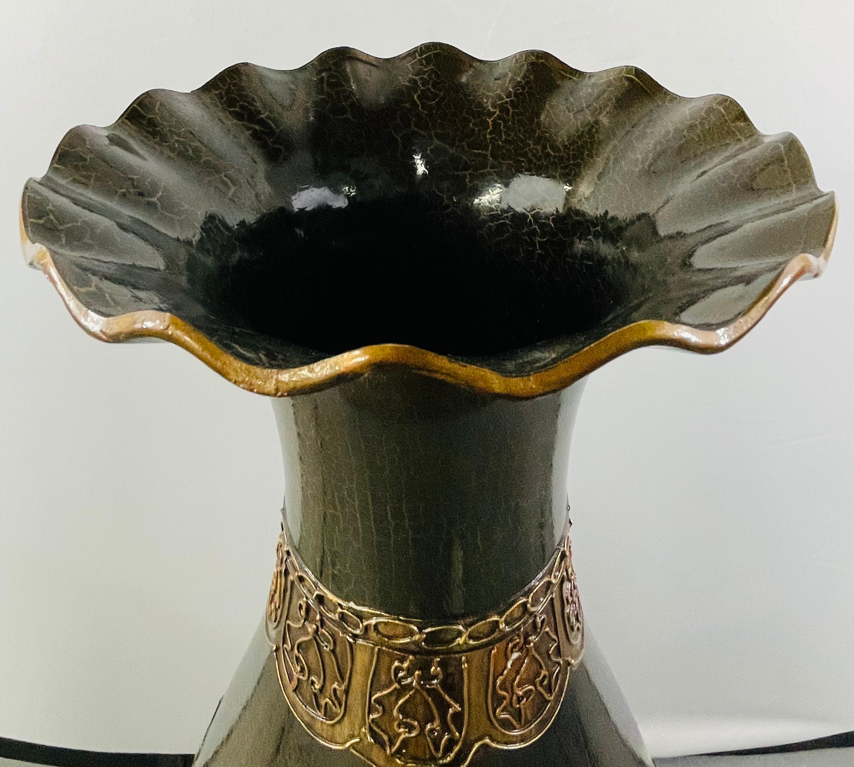 Monumental Art Nouveau Black & Gold  Enameled Vase with Floral Etching Design In Good Condition For Sale In Plainview, NY