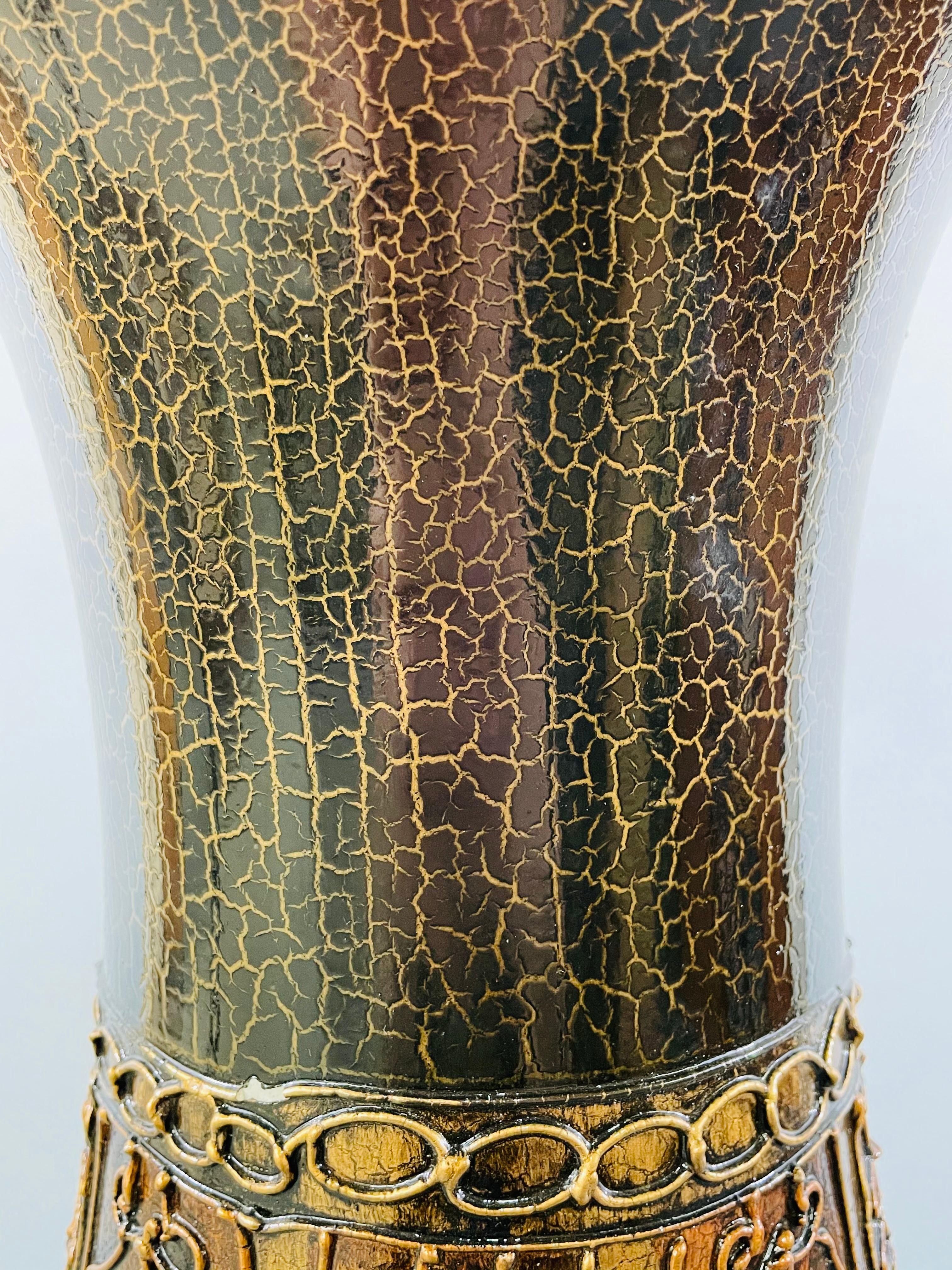 Monumental Art Nouveau Black & Gold  Enameled Vase with Floral Etching Design For Sale 1