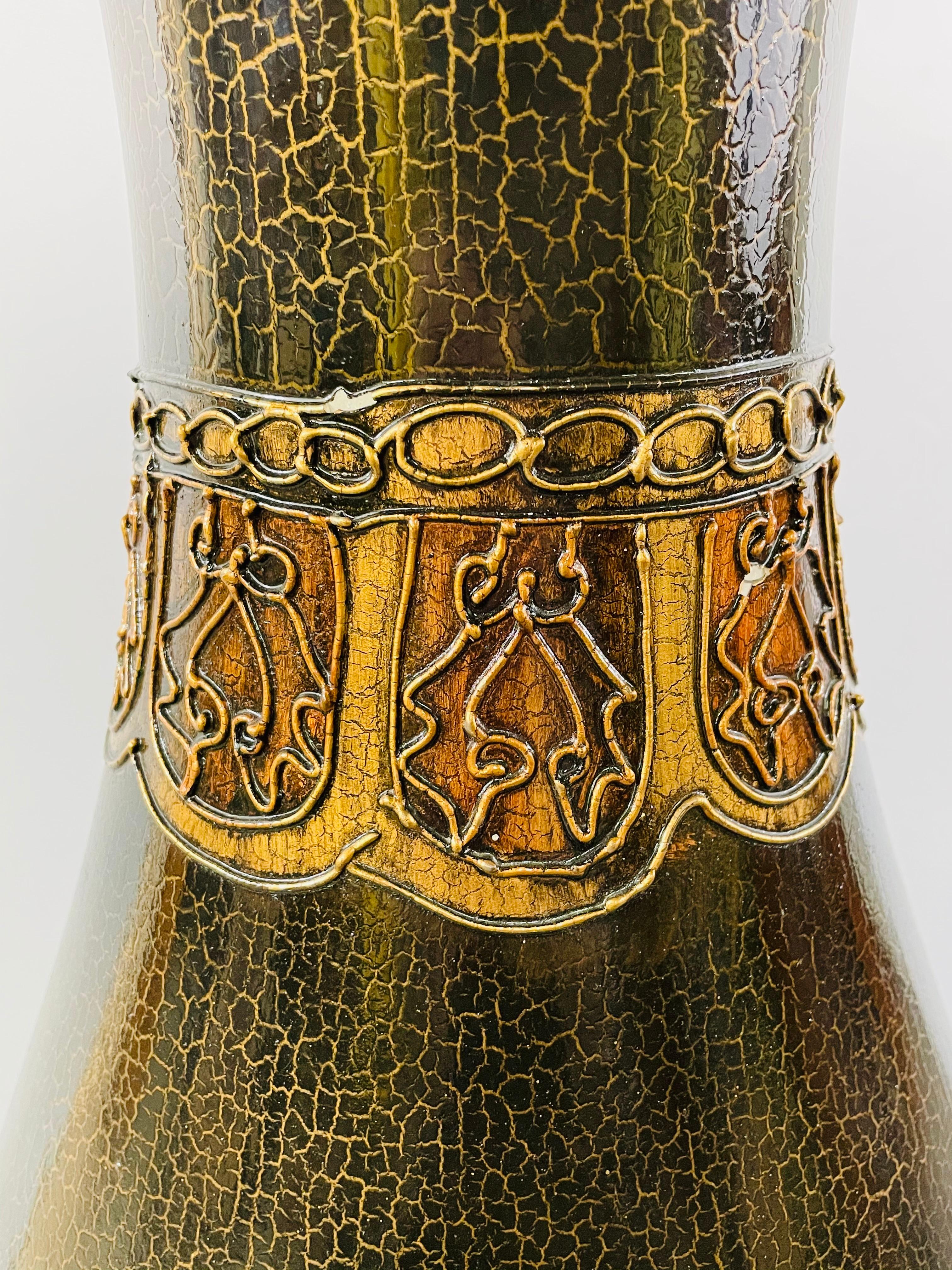 Monumental Art Nouveau Black & Gold  Enameled Vase with Floral Etching Design For Sale 2