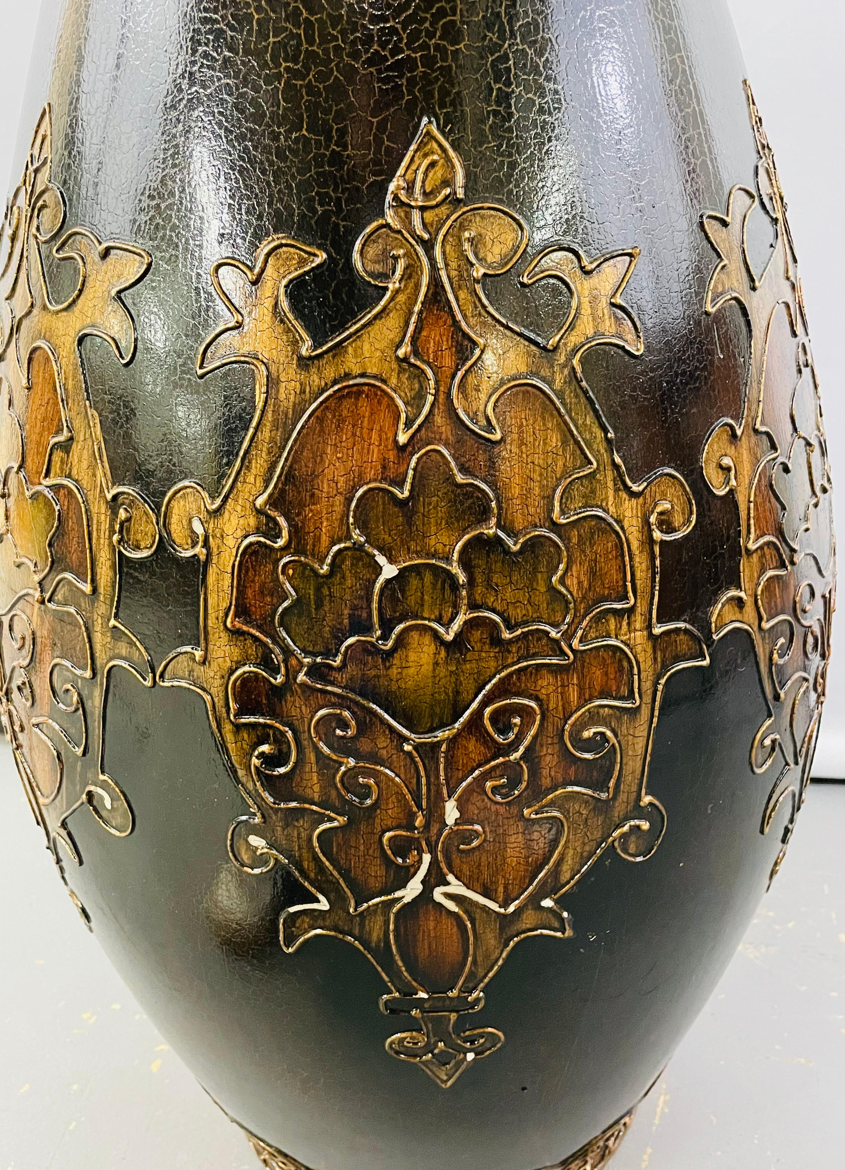 Monumental Art Nouveau Black & Gold  Enameled Vase with Floral Etching Design For Sale 3