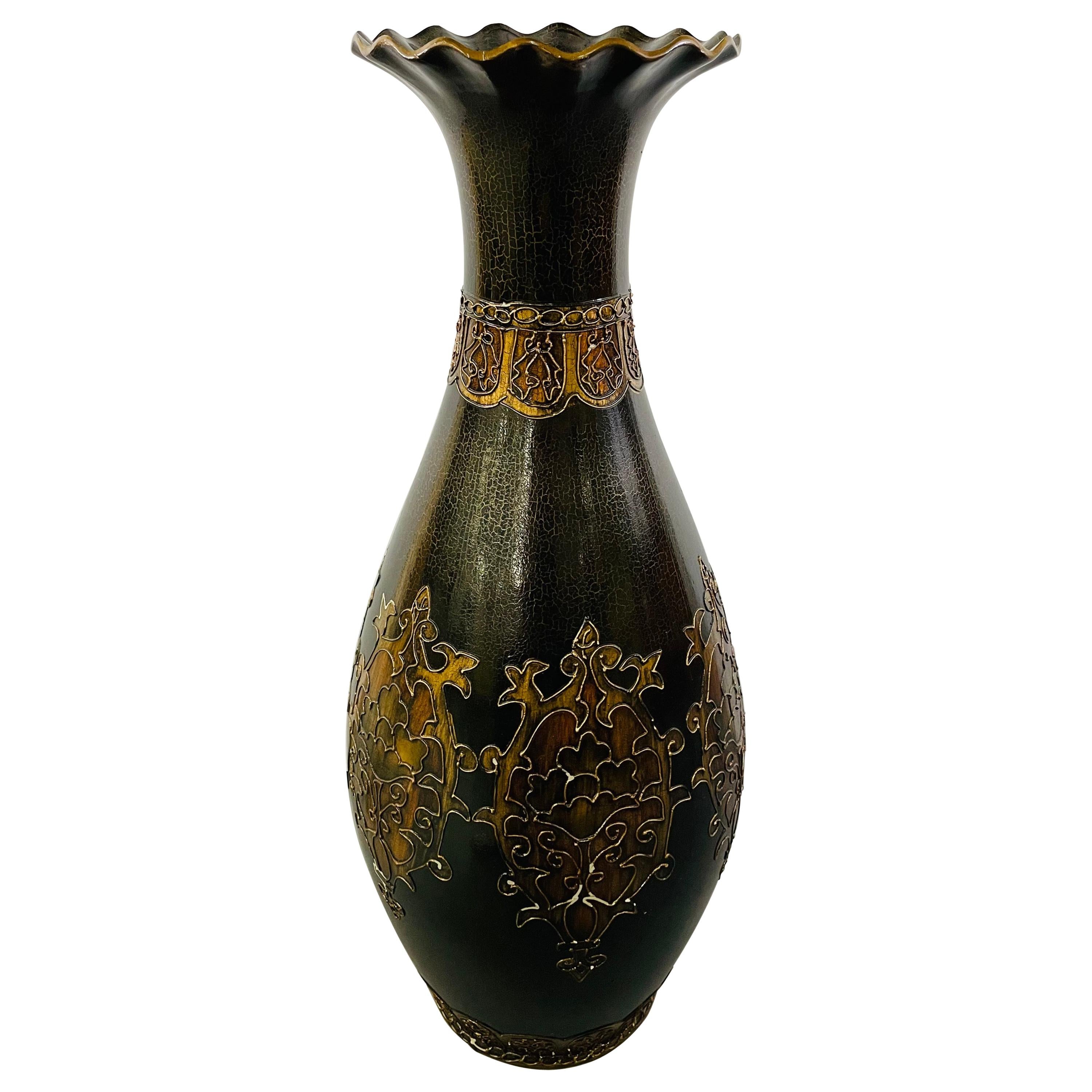 Monumental Art Nouveau Black & Gold  Enameled Vase with Floral Etching Design For Sale
