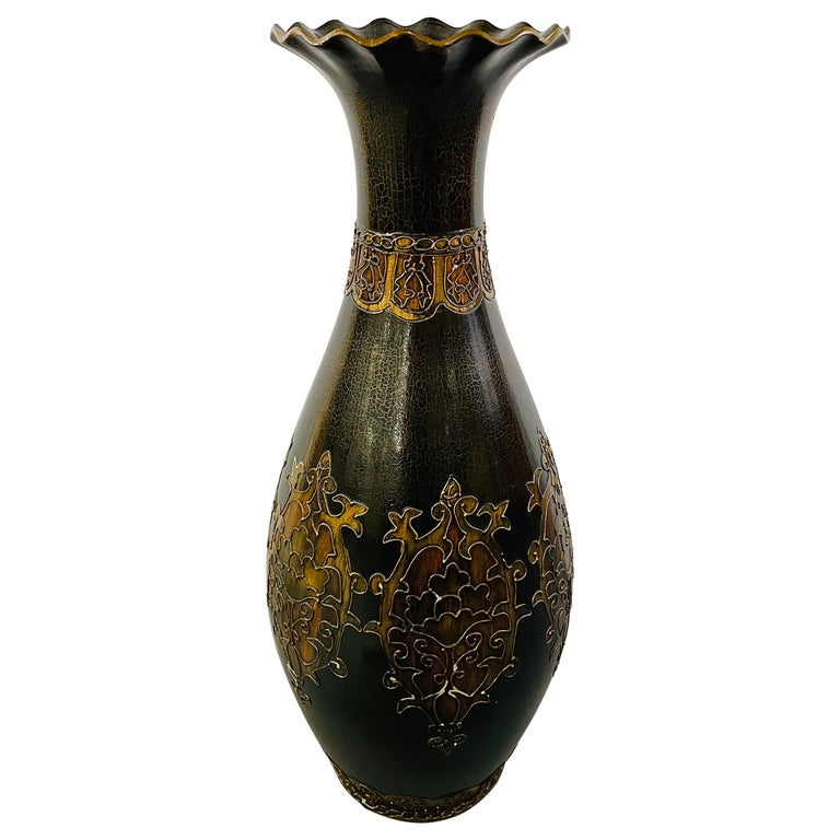 Monumental Vintage Black Enameled Vase with Floral Etching Design For