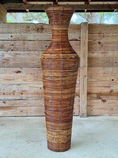 Monumental Vintage Boho Sculptural Rattan Floor Vase Organic Modern Vessel