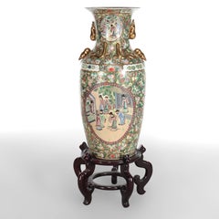 Monumental Vintage Chinese Rose Medallion Vase With Carved Hardwood Base 20thC