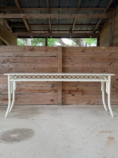 Monumental Vintage Coastal Boho Rattan Console Table With Lattice Detail
