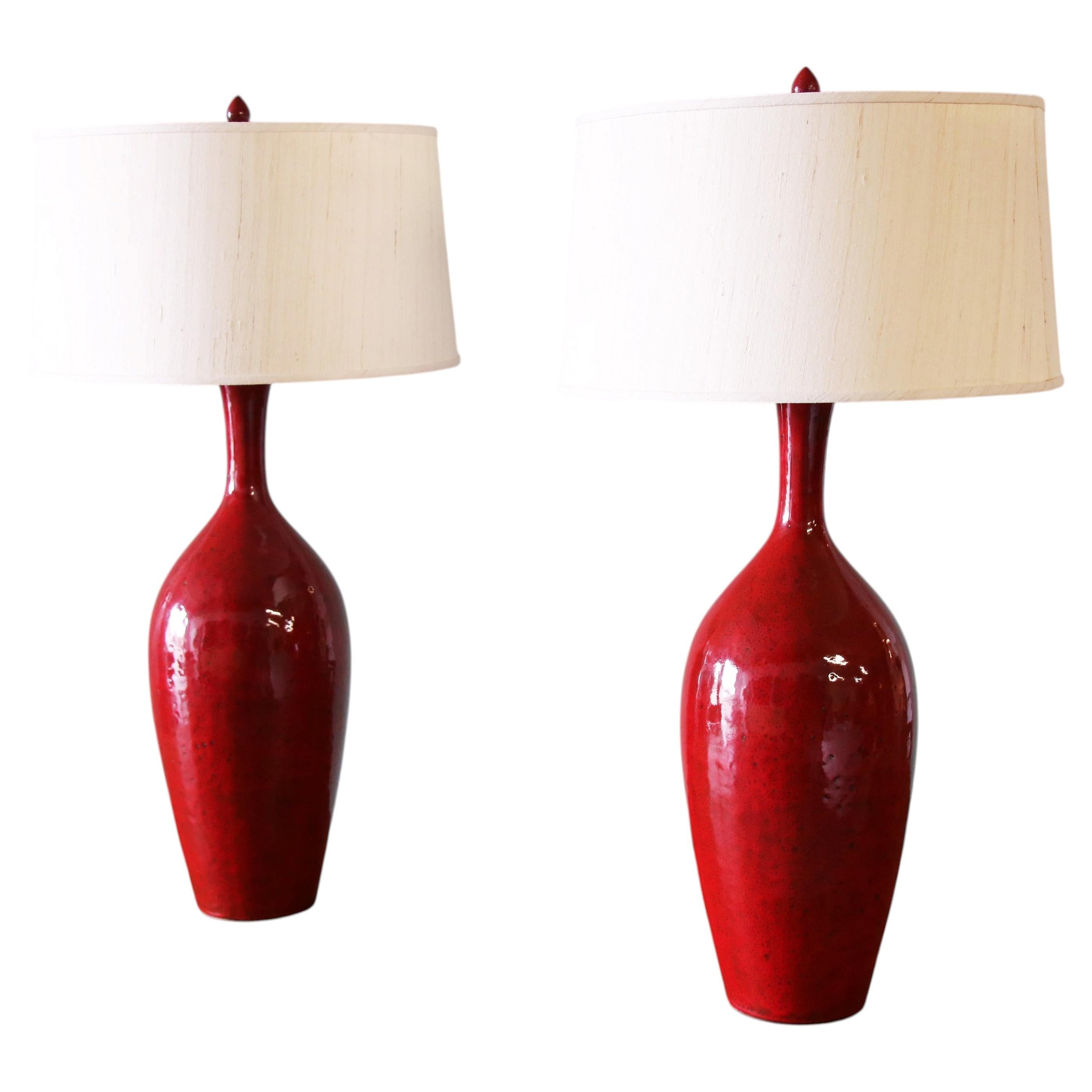 Monumental Vintage Designer Italian Style Red Ceramic Table Lamps - a Pair