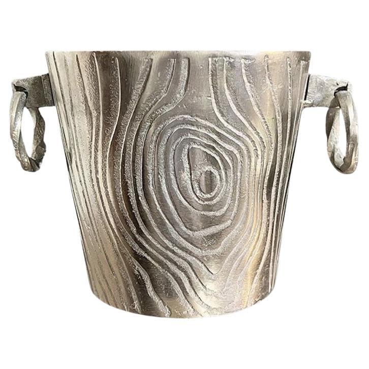 Monumental Vintage Faux Bois Wood Grain Silver Metal Ice Bucket with Handles