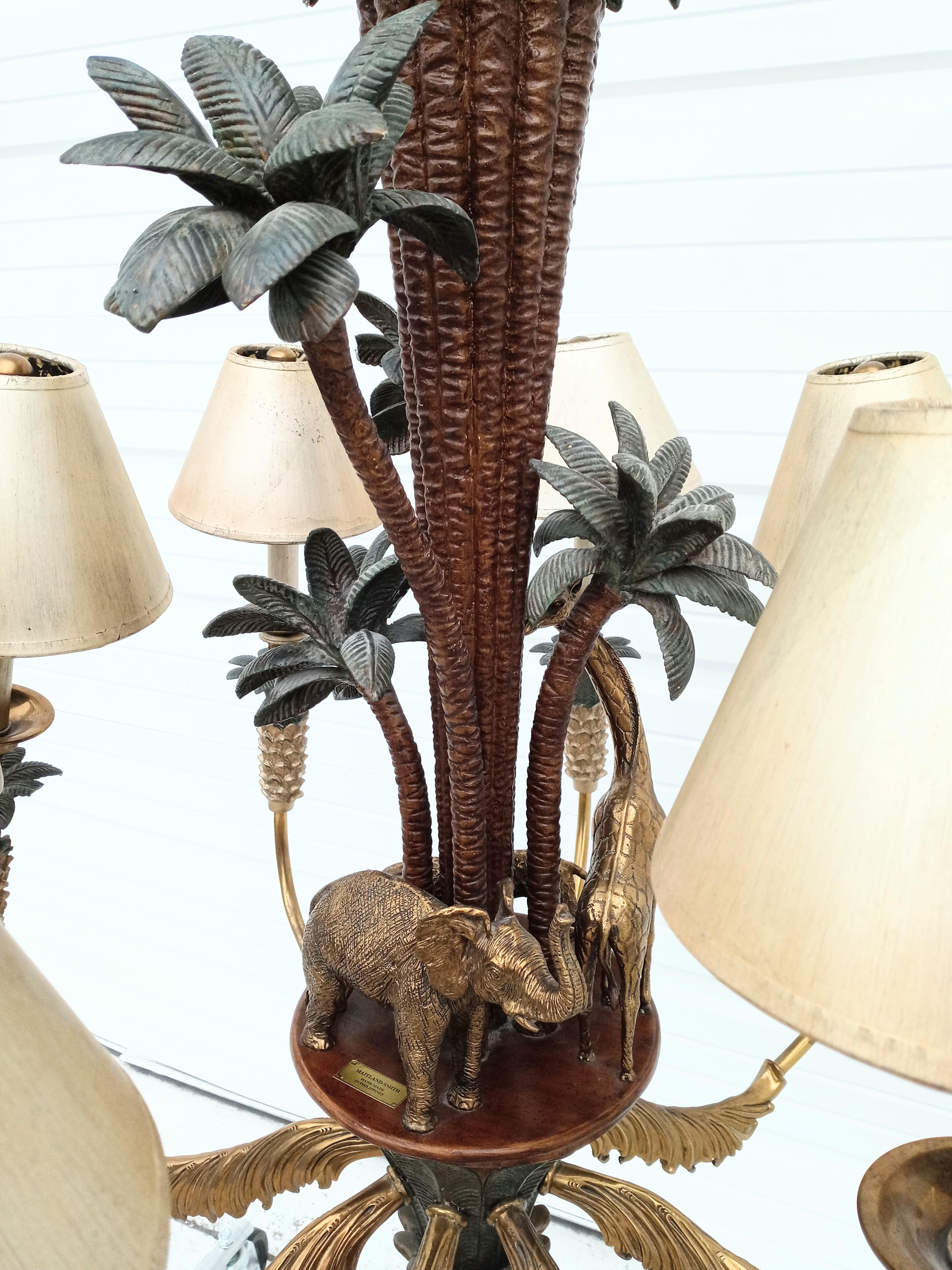 Bronzed Monumental Vintage Maitland Smith Regency Brass Palm Tree Safari Chandelier