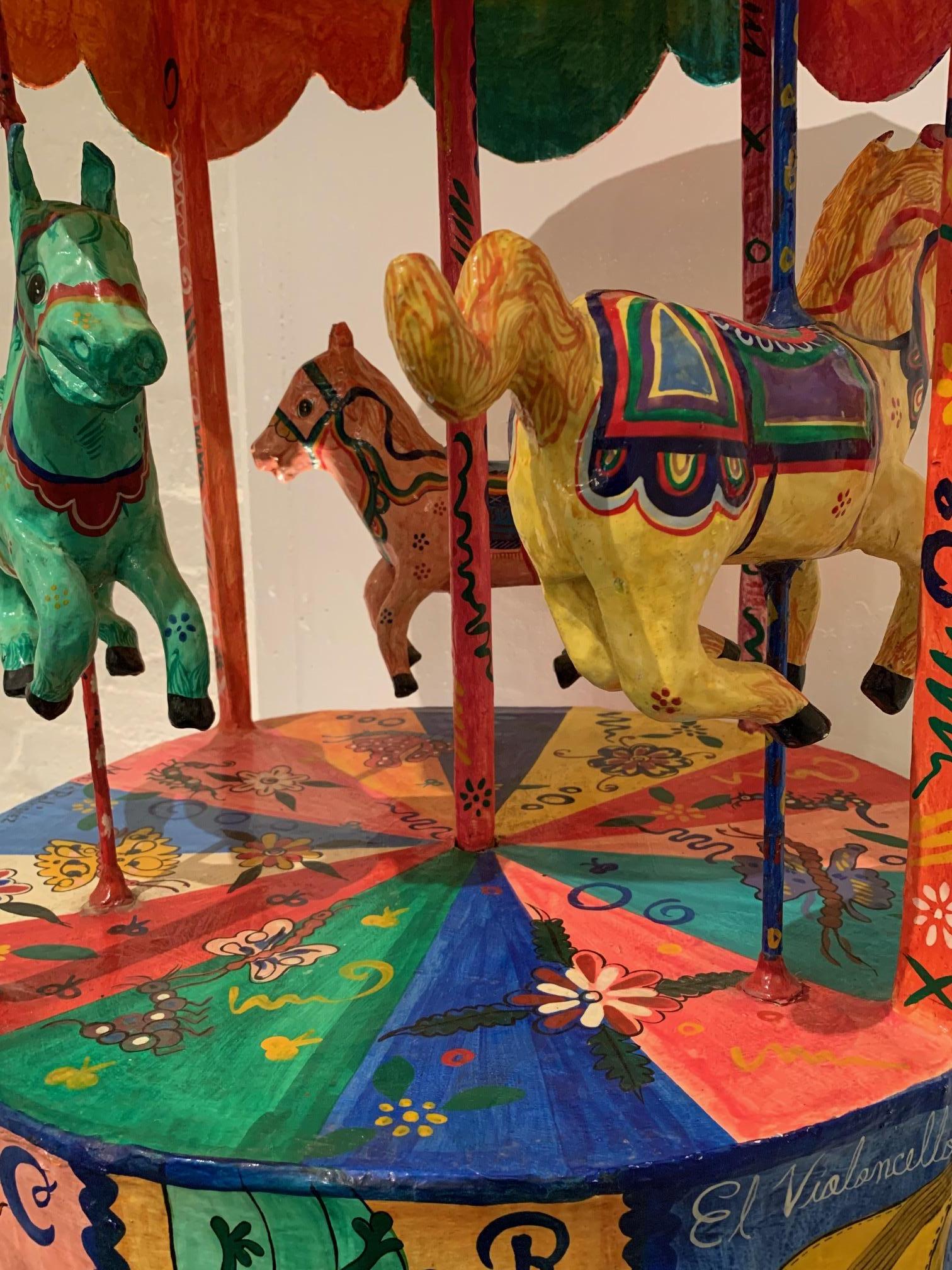 Hand-Painted Monumental Vintage Mexican Folk Art Carousel Sculpture For Sale