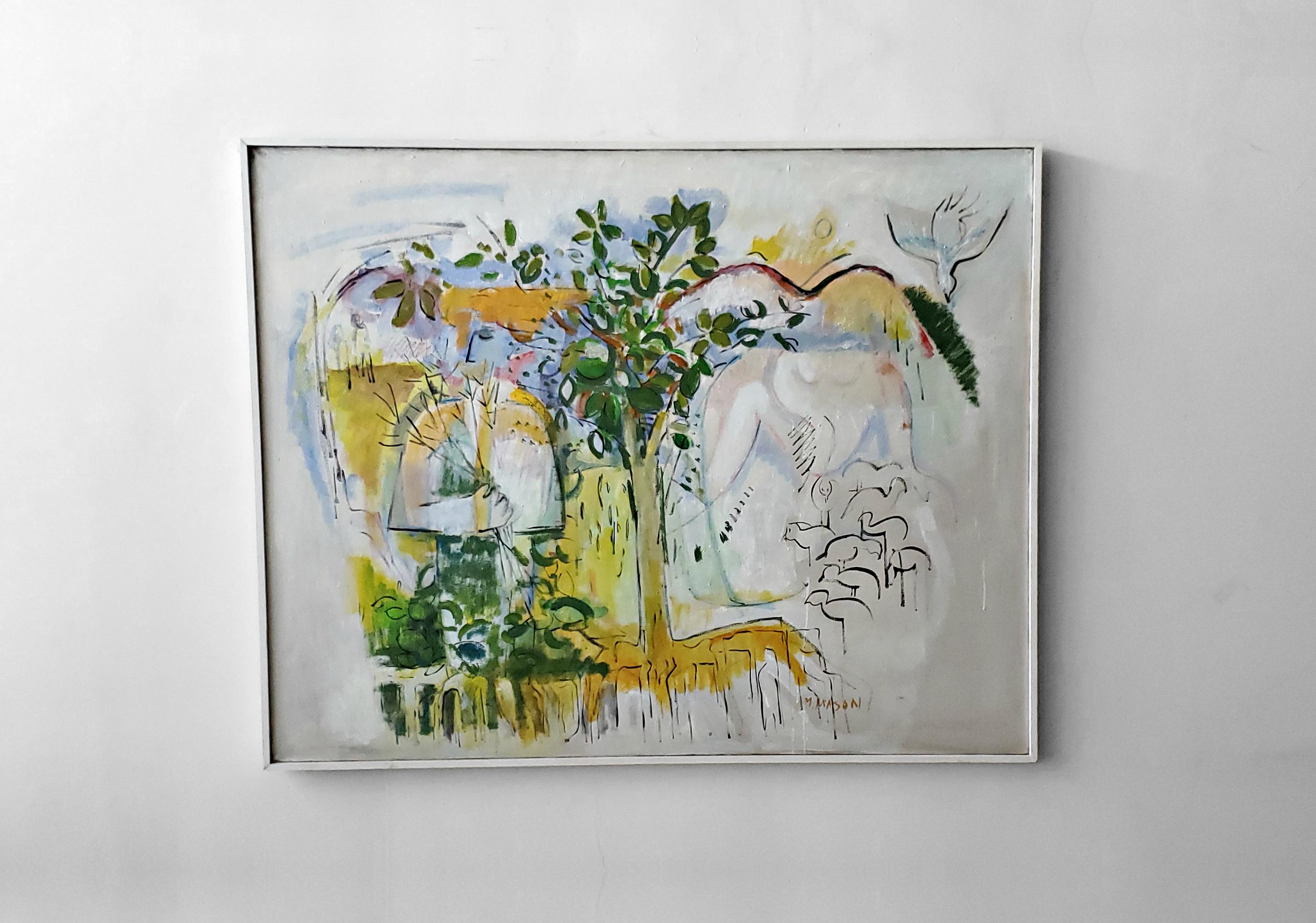 From the local estate of Jean Knudson an avid artist and art collector, comes this huge 62 x 49, beautiful abstract realism painting on canvas. Abstract figures and animals set in a garden like setting, a great use of contrasting vibrant and subtle