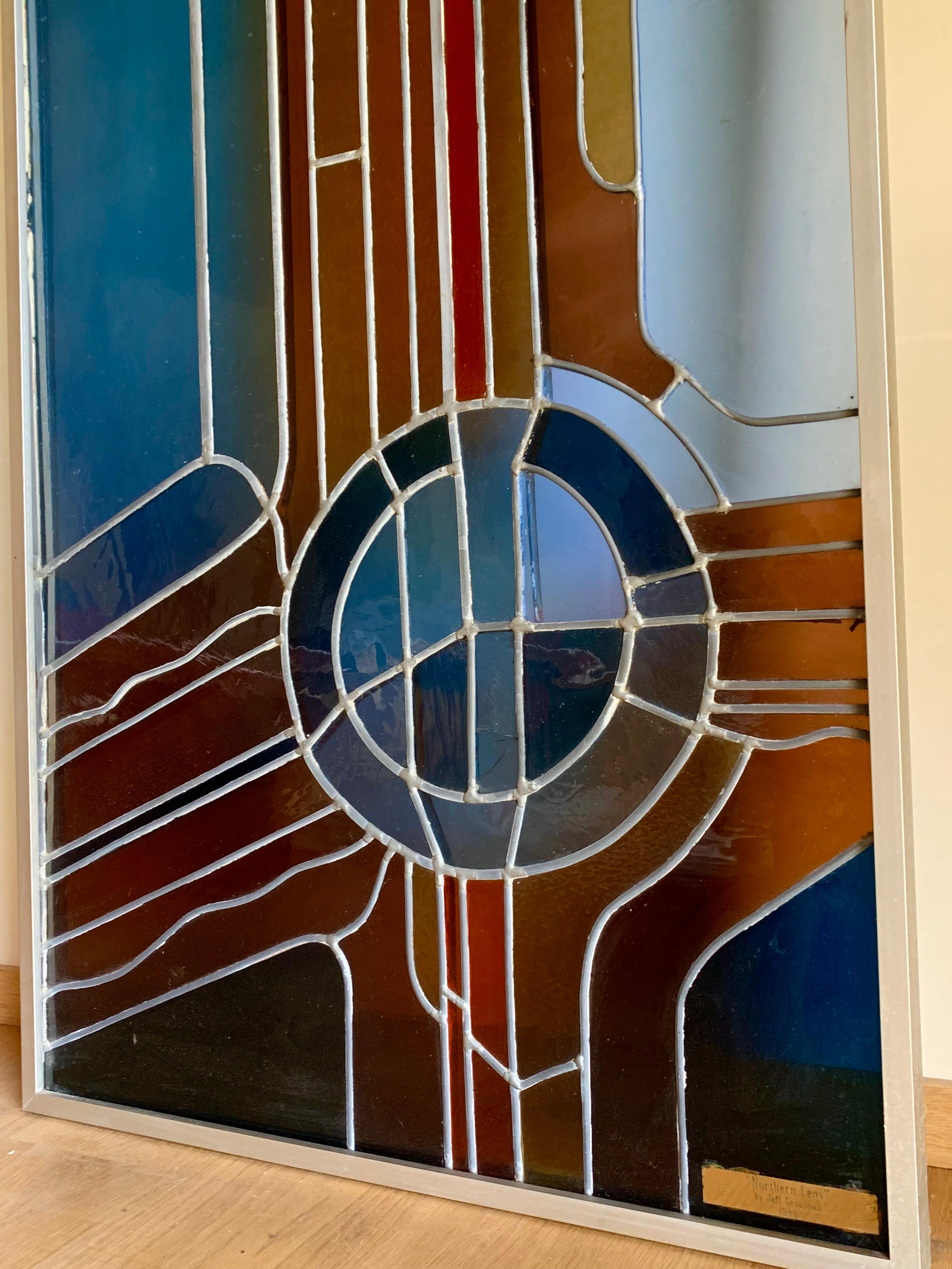 Monumental Vintage Modernist Artist Made Stained Glass Hanging Panel For Sale 3