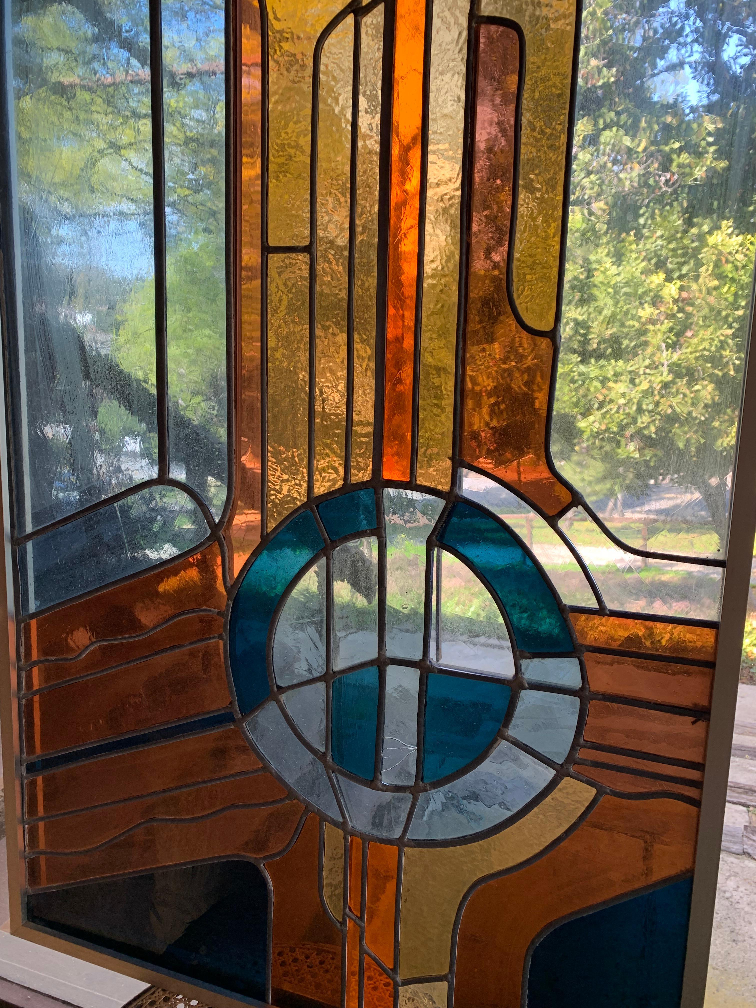 Monumental Vintage Modernist Artist Made Stained Glass Hanging Panel  In Good Condition For Sale In El Cajon, CA