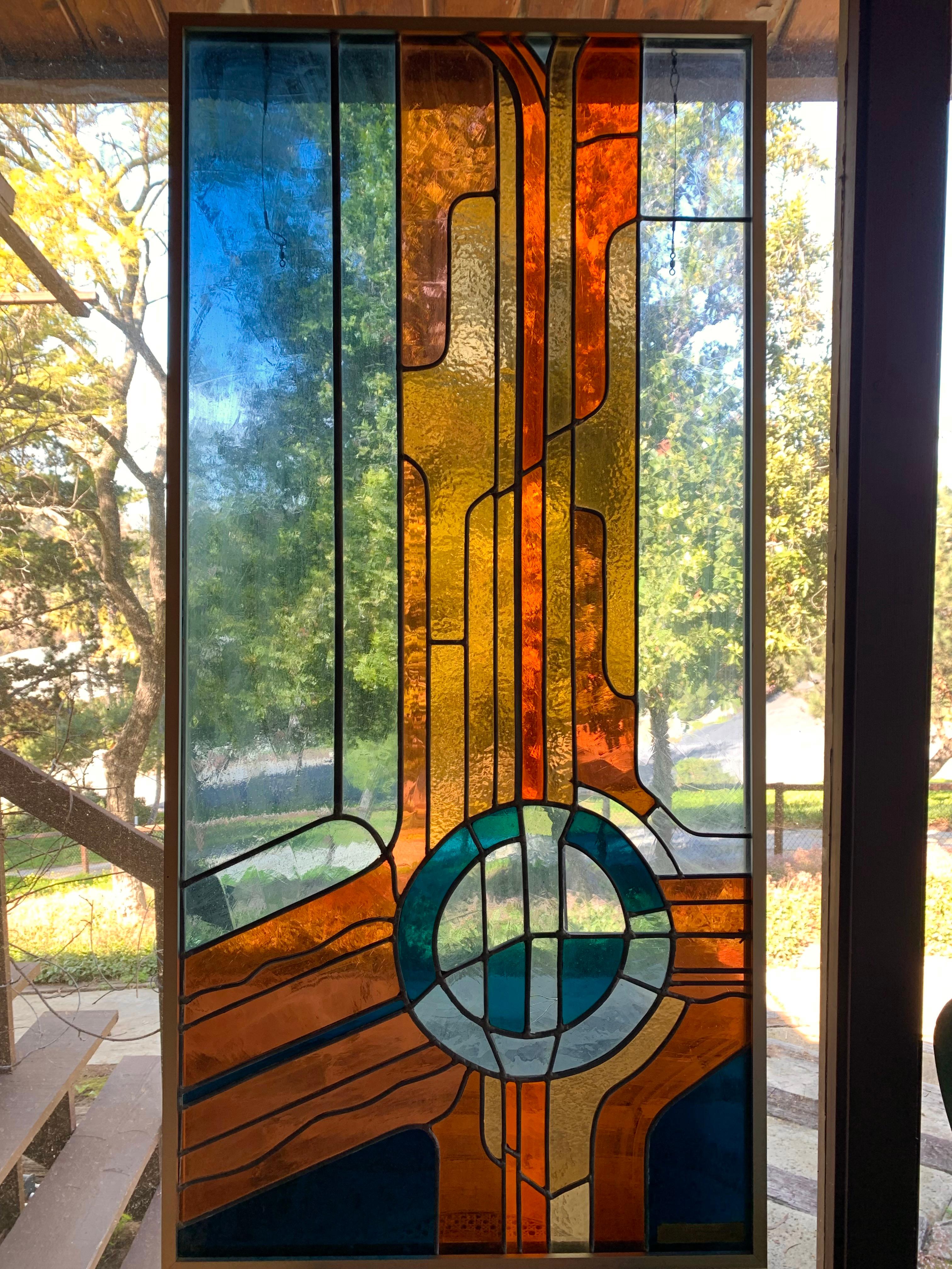 Late 20th Century Monumental Vintage Modernist Artist Made Stained Glass Hanging Panel  For Sale