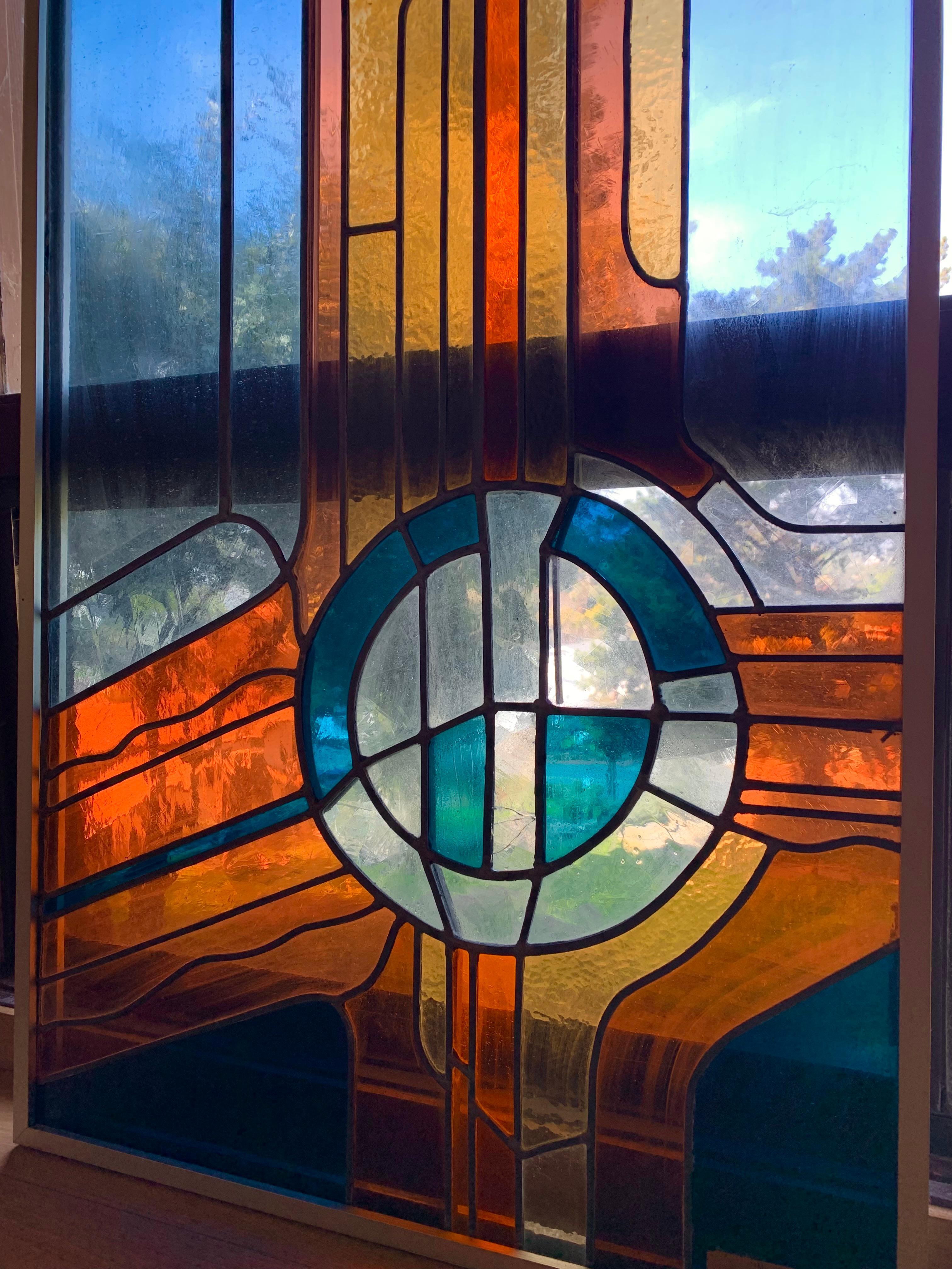 Monumental Vintage Modernist Artist Made Stained Glass Hanging Panel  For Sale 2