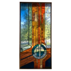 Monumental Vintage Modernist Artist Made Stained Glass Hanging Panel 