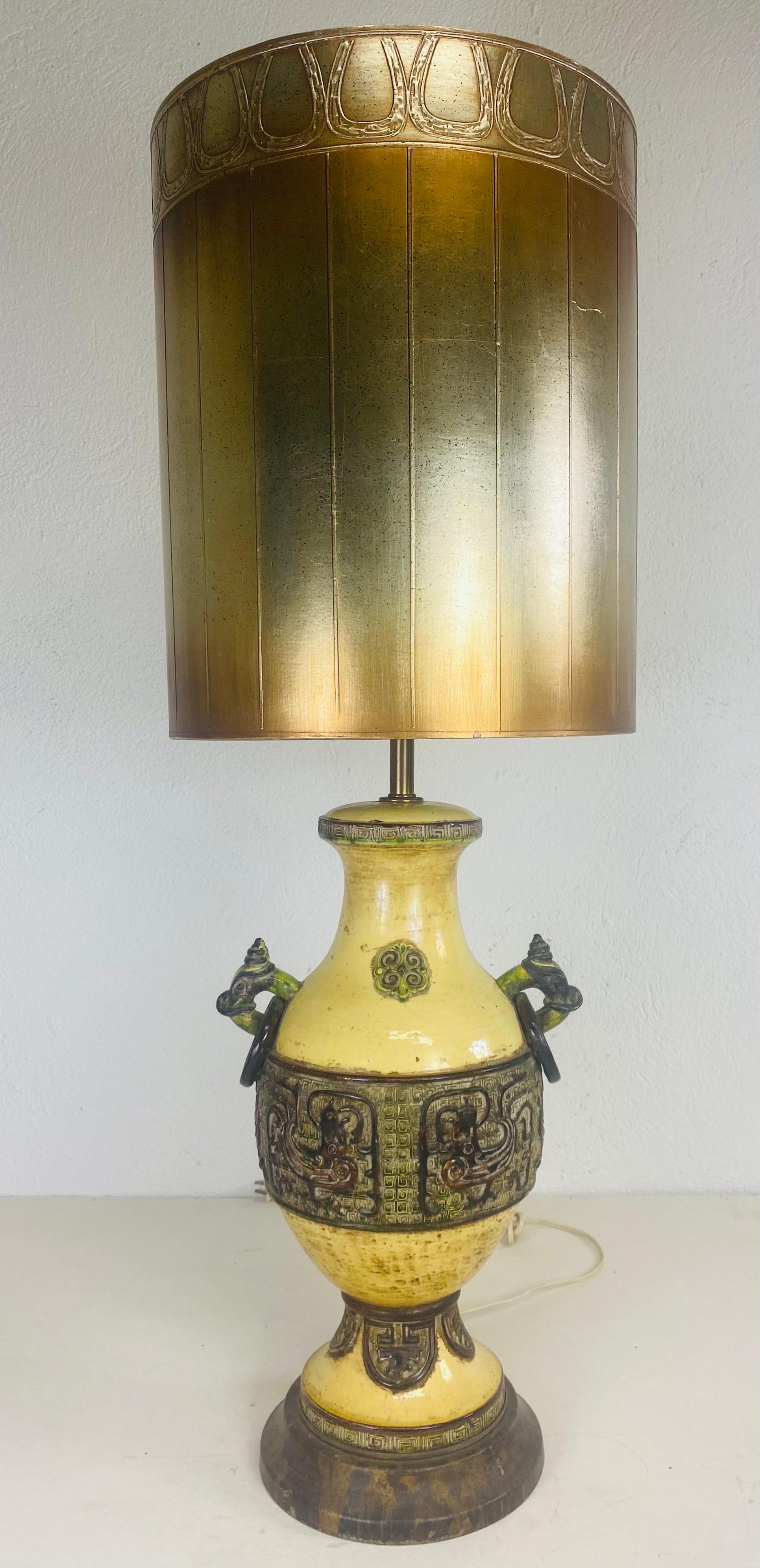 Glazed Monumental vintage pottery  Asianist style table lamp after James Mont For Sale
