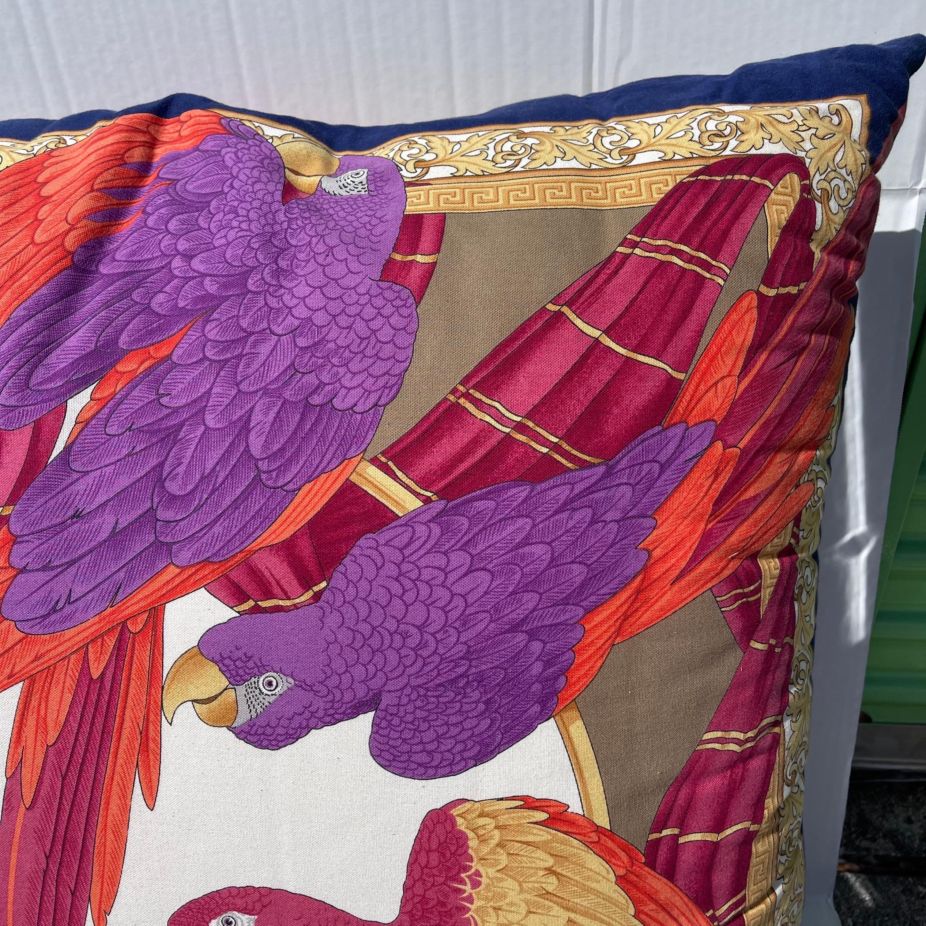 Monumental Vintage Salvatore Ferragamo Parrot Bird Print Pillow, Double Sided In Good Condition In Jensen Beach, FL