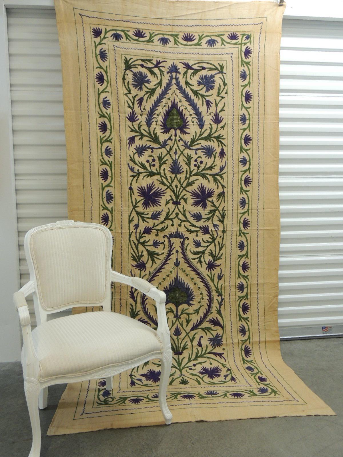 Hand-Crafted Large Scale Vintage Suzani Tree of Life Textile in Green and Purple For Sale