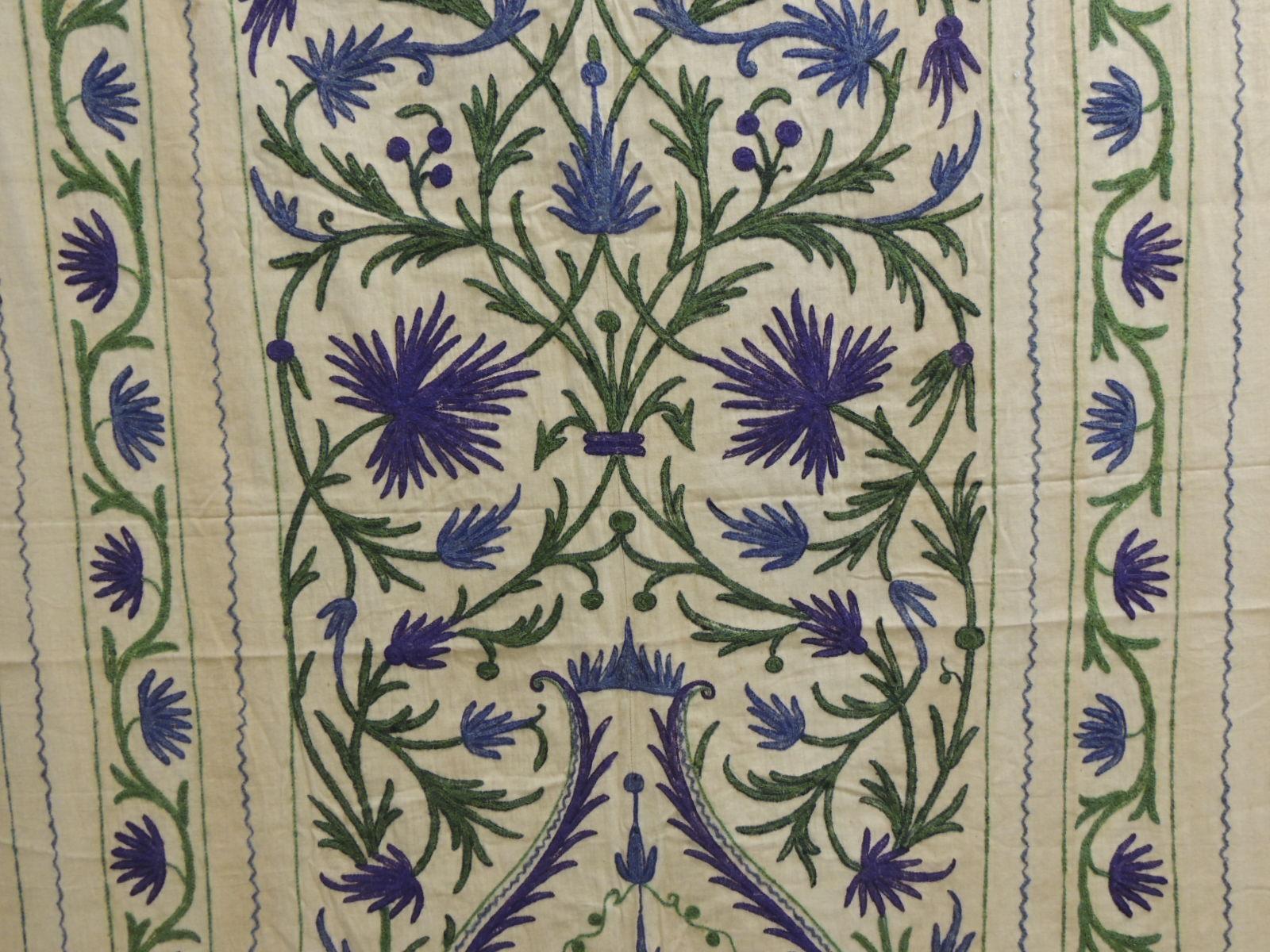 Large Scale Vintage Suzani Tree of Life Textile in Green and Purple In Fair Condition For Sale In Oakland Park, FL