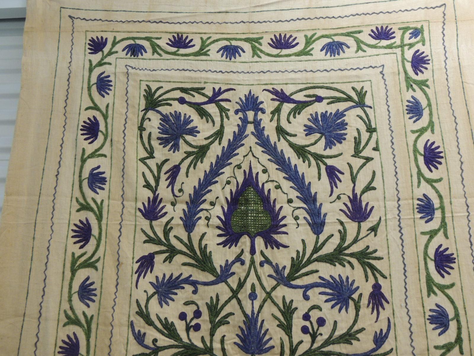 Mid-20th Century Large Scale Vintage Suzani Tree of Life Textile in Green and Purple For Sale