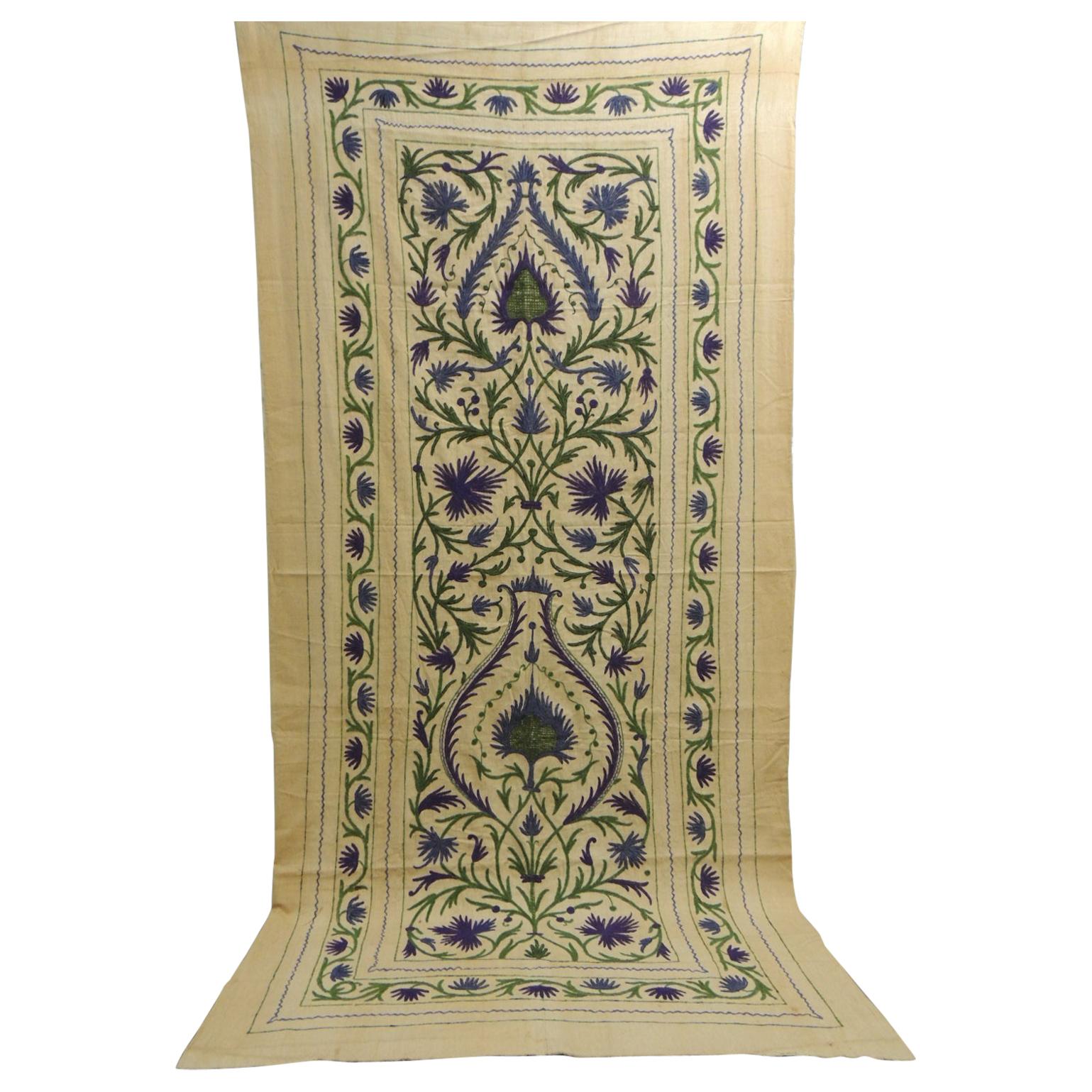 Large Scale Vintage Suzani Tree of Life Textile in Green and Purple