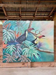 Monumental Vintage Tropical Toucan Painting on Canvas (peinture sur toile)